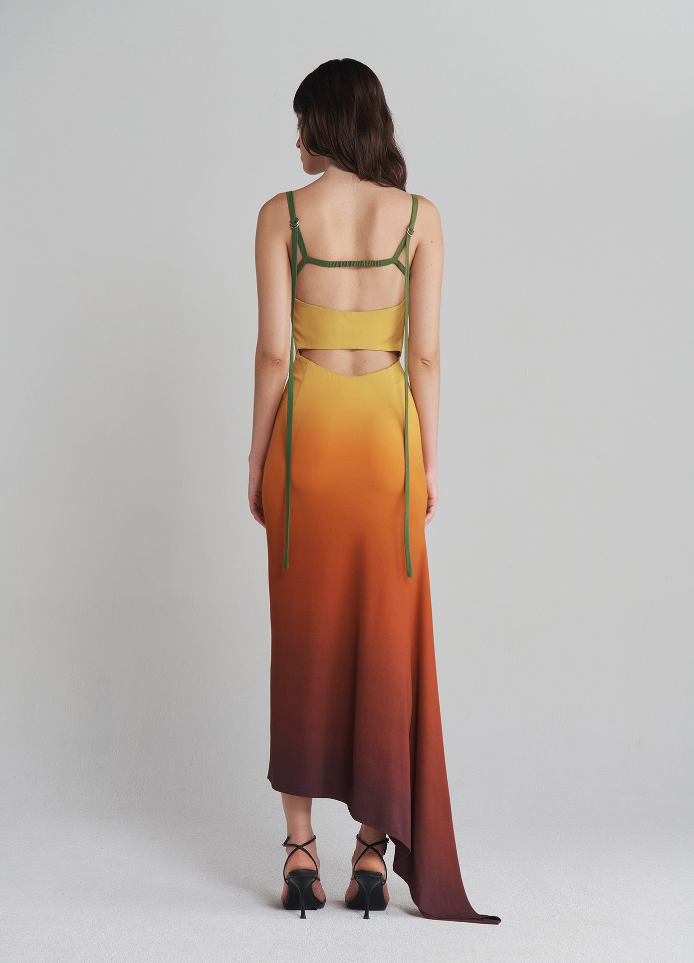 MONSE Back Cut Out Ombré Jersey Dress in Rust Ombré on model full back view