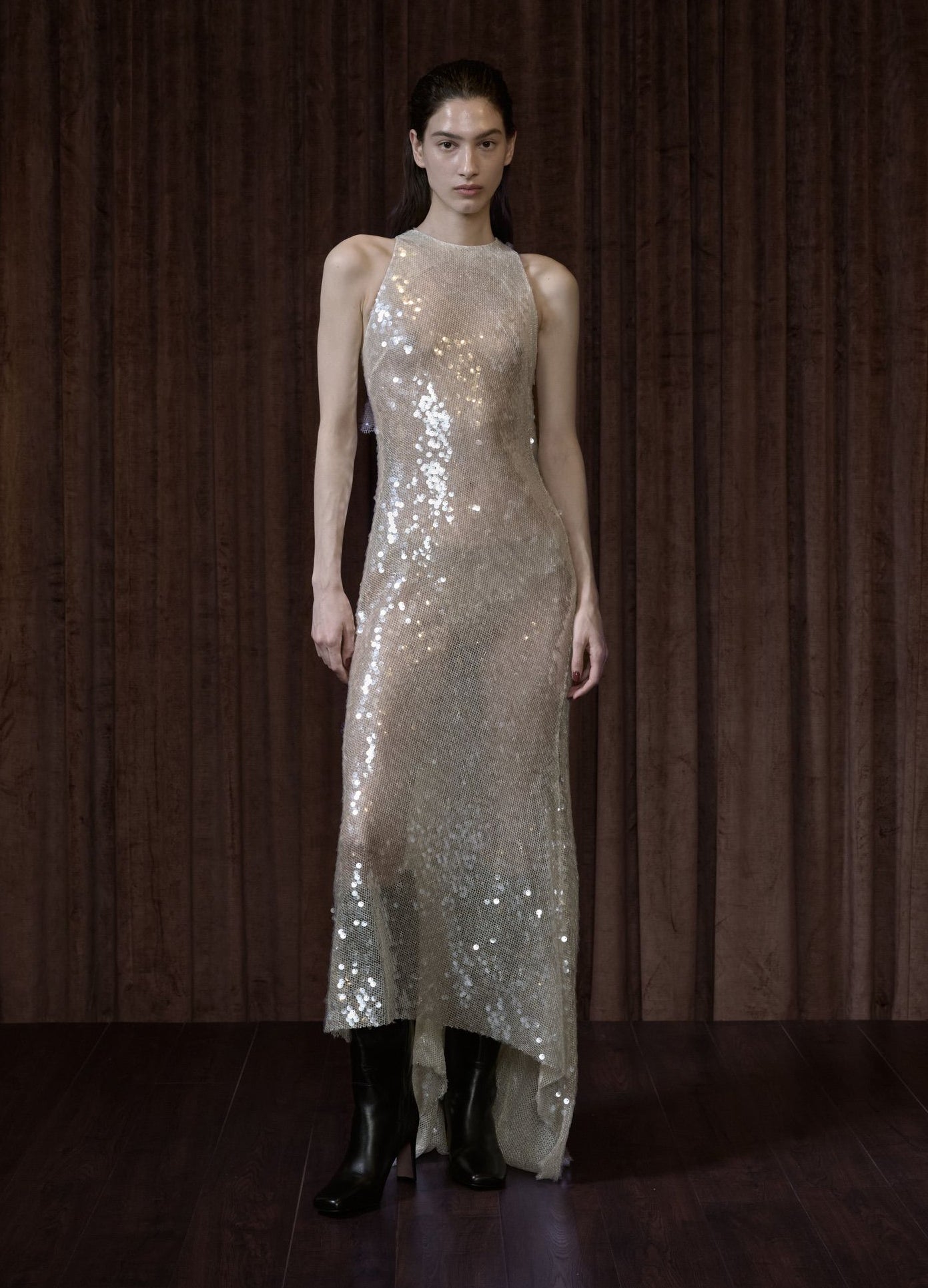 MONSE Backless Cascade Sequin Dress in nude on runway model front view