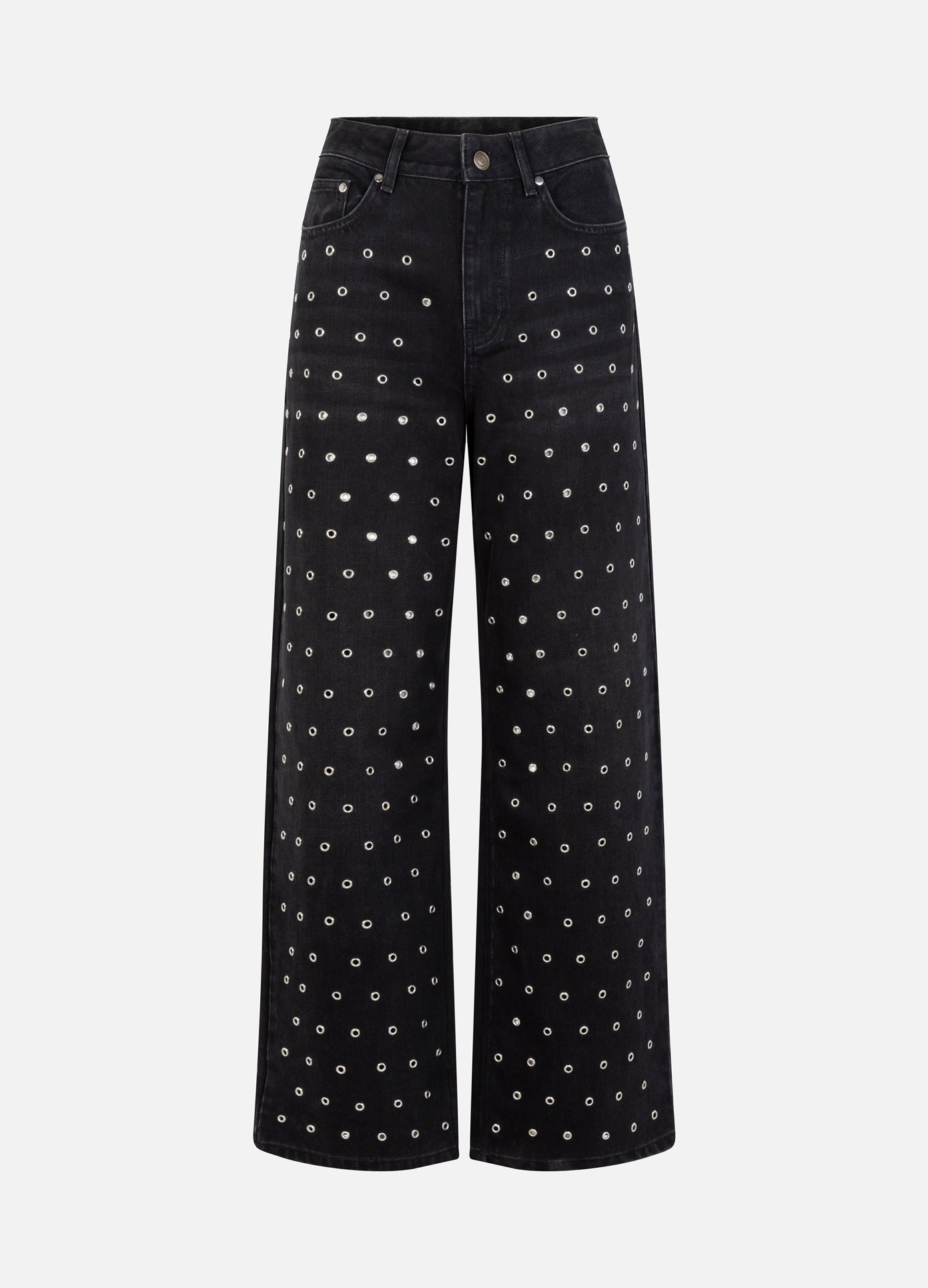 Black jeans with white geometric pattern on a white background