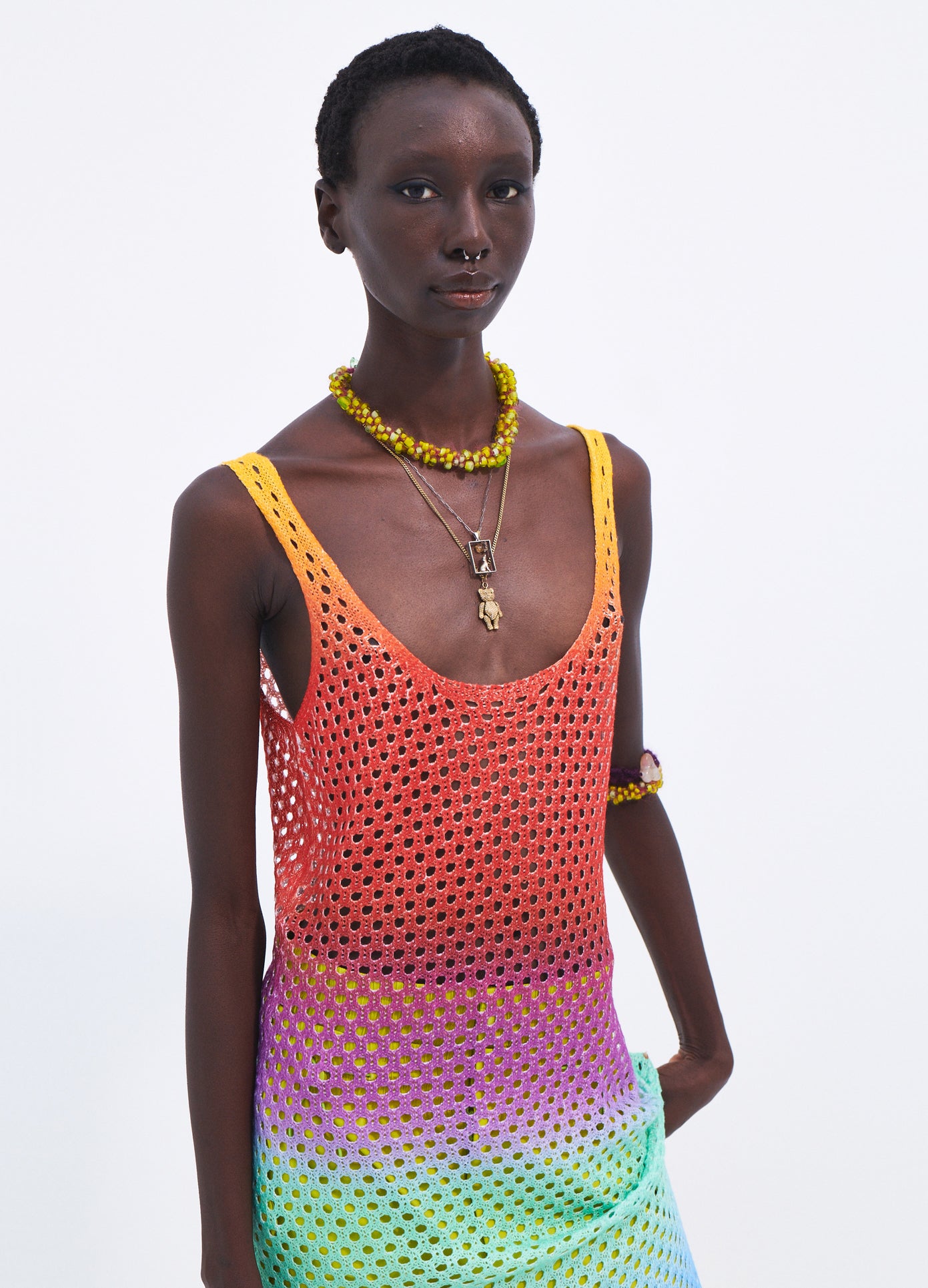 MONSE Blurry Stripe Midi Crochet Dress in Multi Colors on model front detail view