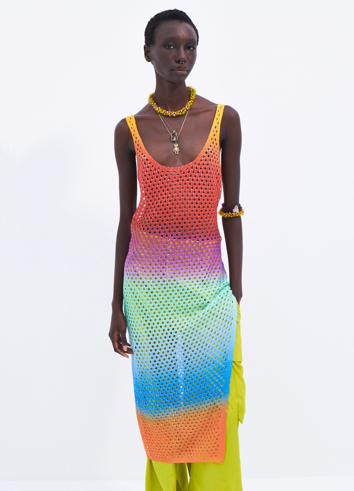 MONSE Blurry Stripe Midi Crochet Dress in Multi Colors on model front view