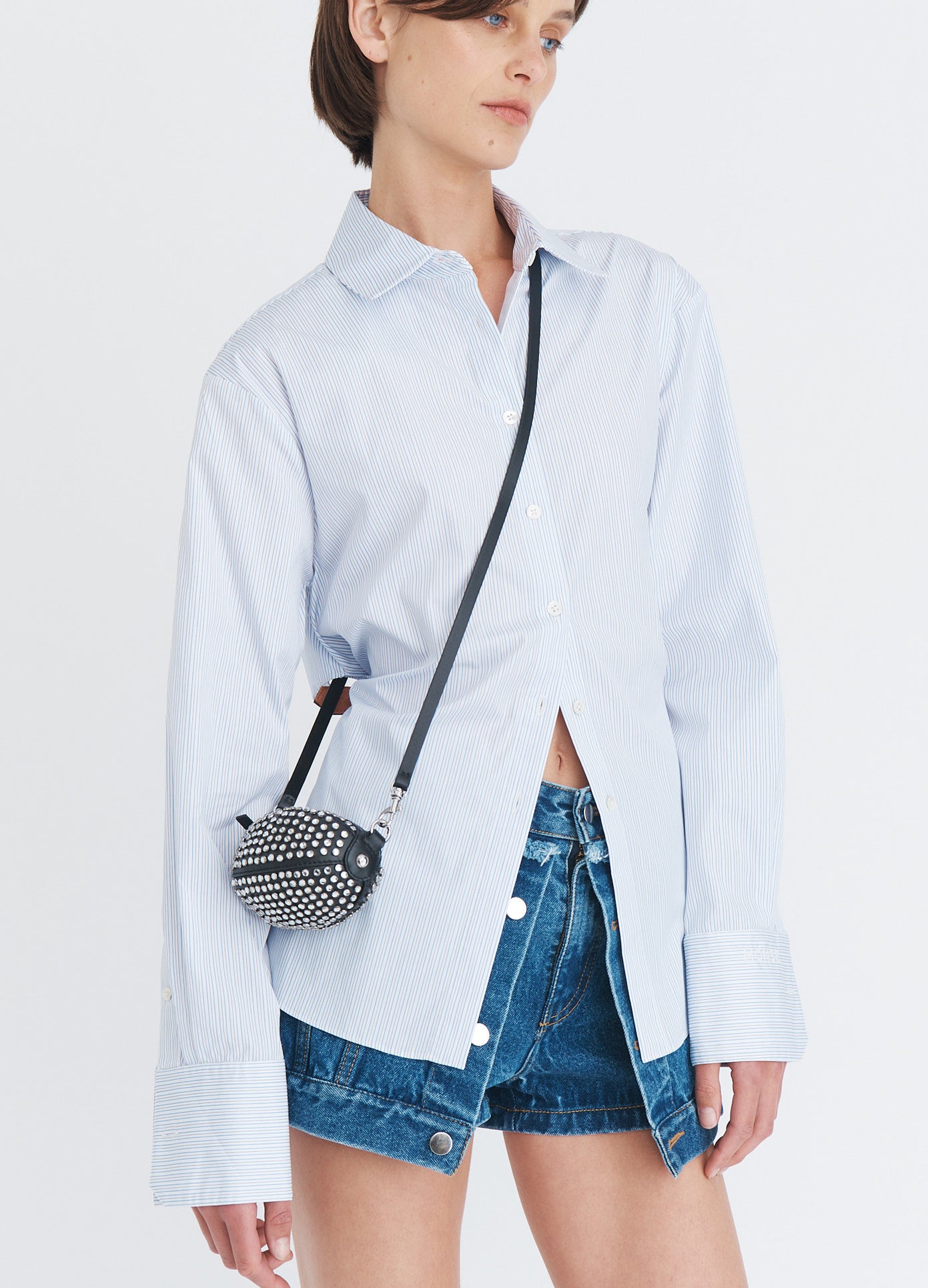 MONSE Button Down With Back Belt in blue multi on model front detail view