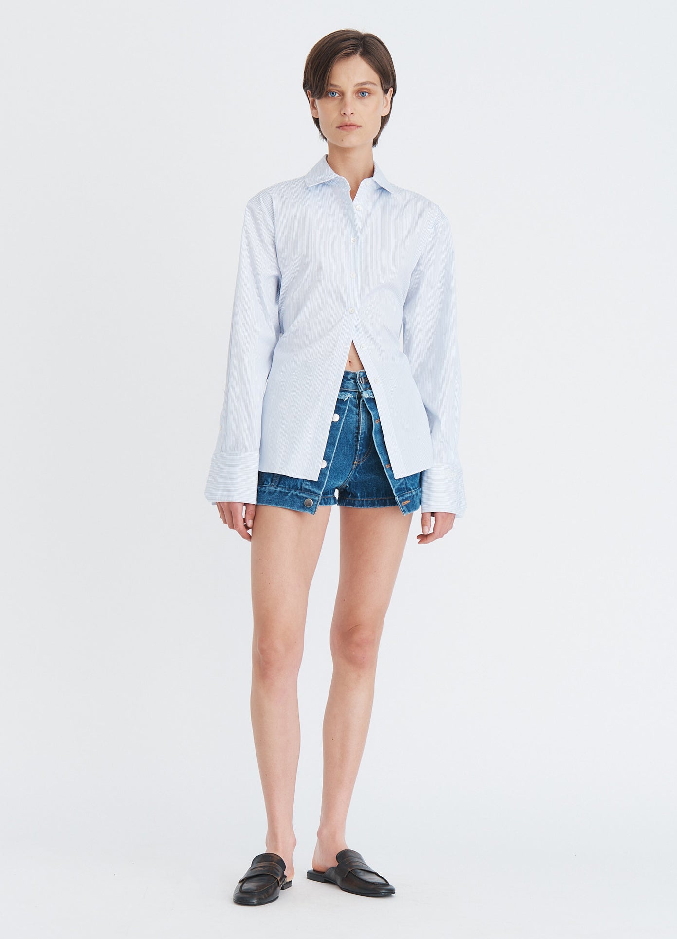 MONSE Button Down With Back Belt in blue multi on model full front view