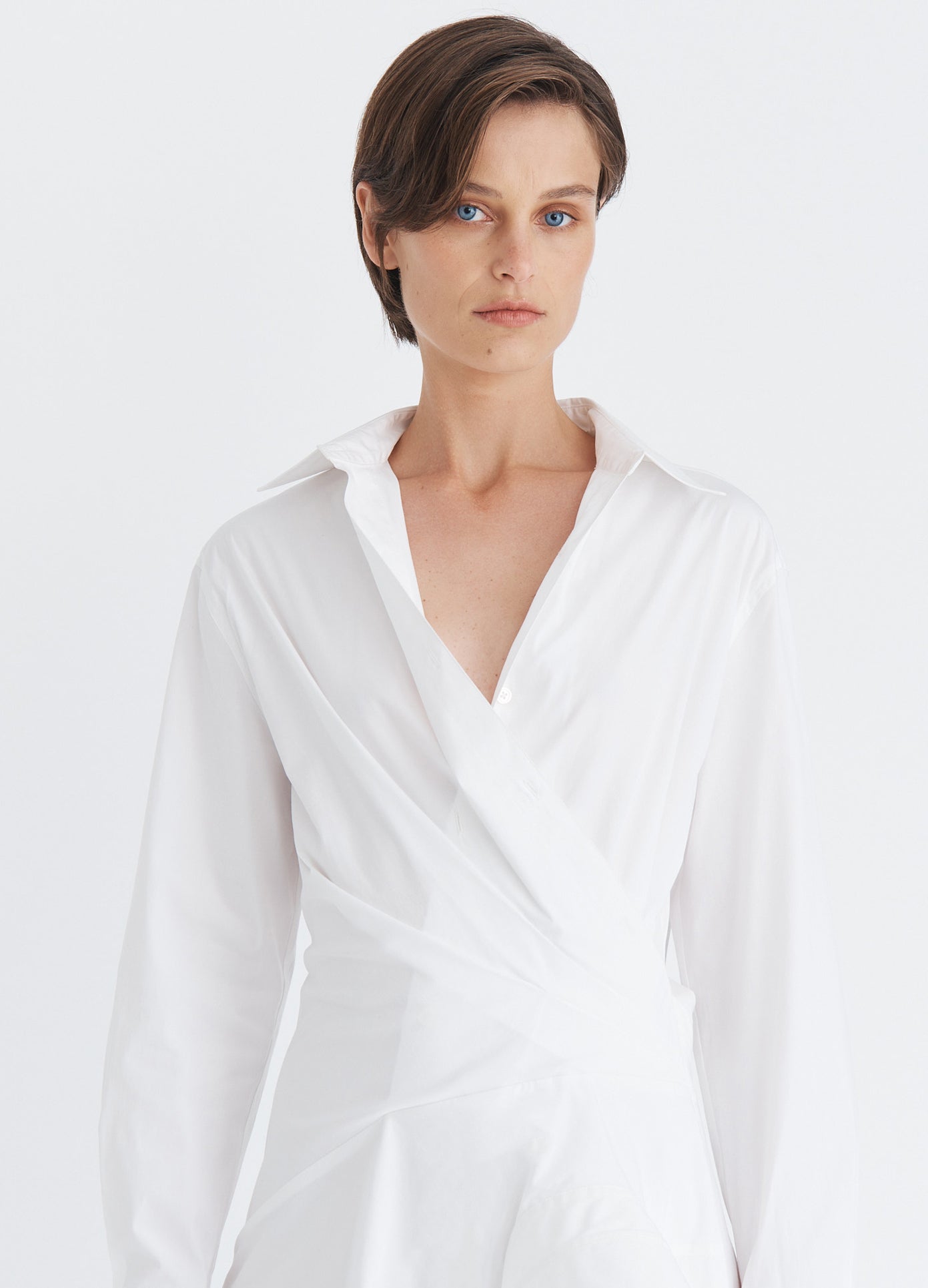 MONSE Cascade Shirt Dress in white on model front detail view