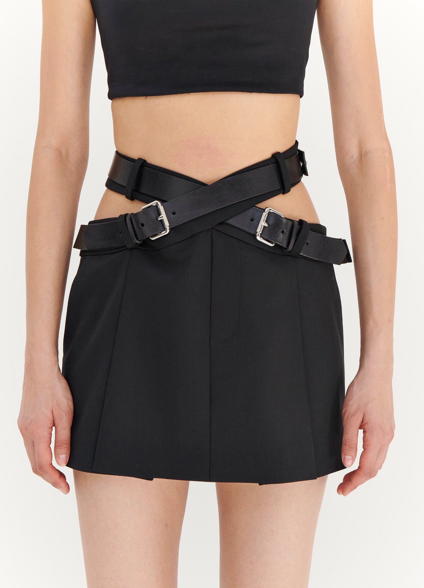 MONSE Criss Cross Waist Belted Mini Skirt in Black on Model Front Detail View