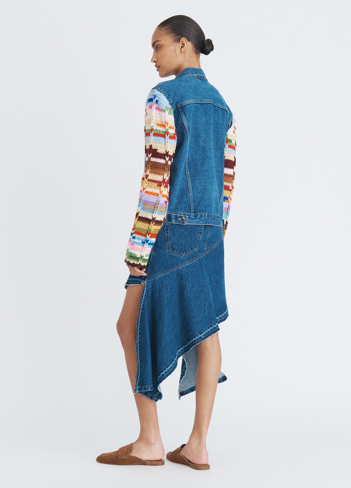 MONSE Crochet Sleeves Denim Jacket in indigo on model full back view