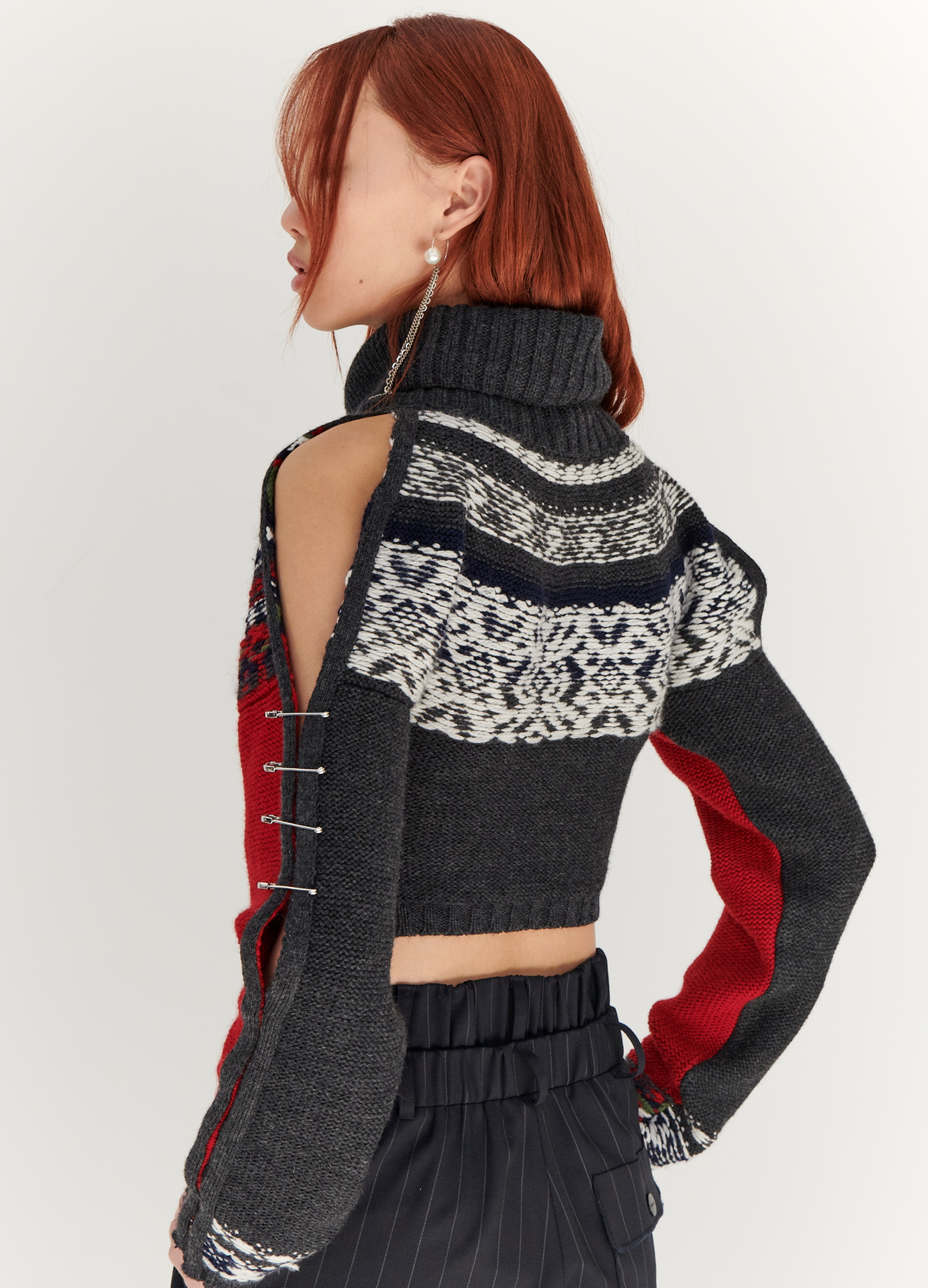 MONSE Cropped Fairisle Turtleneck Sweater  in Red and Charcoal on model back side view