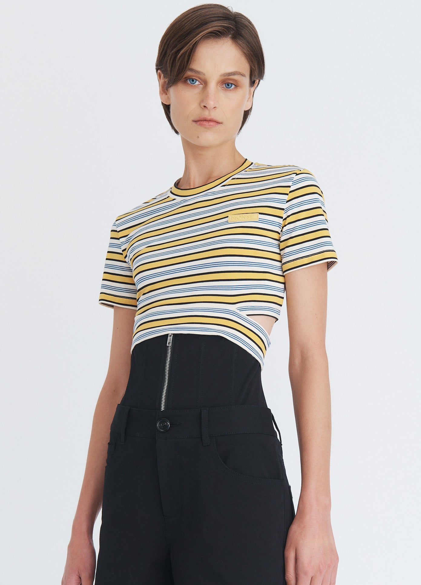 MONSE Cropped Tie T-Shirt in yellow and navy on model front detail view
