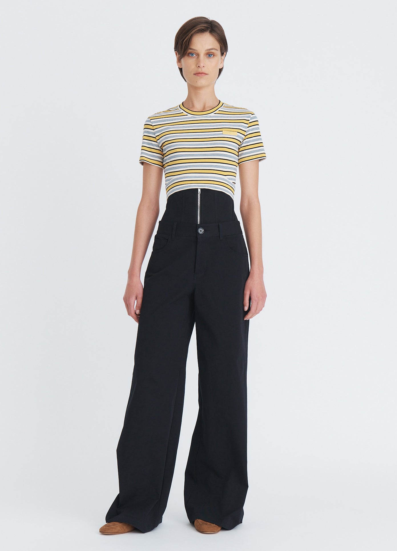 MONSE Cropped Tie T-Shirt in yellow and navy on model full front view