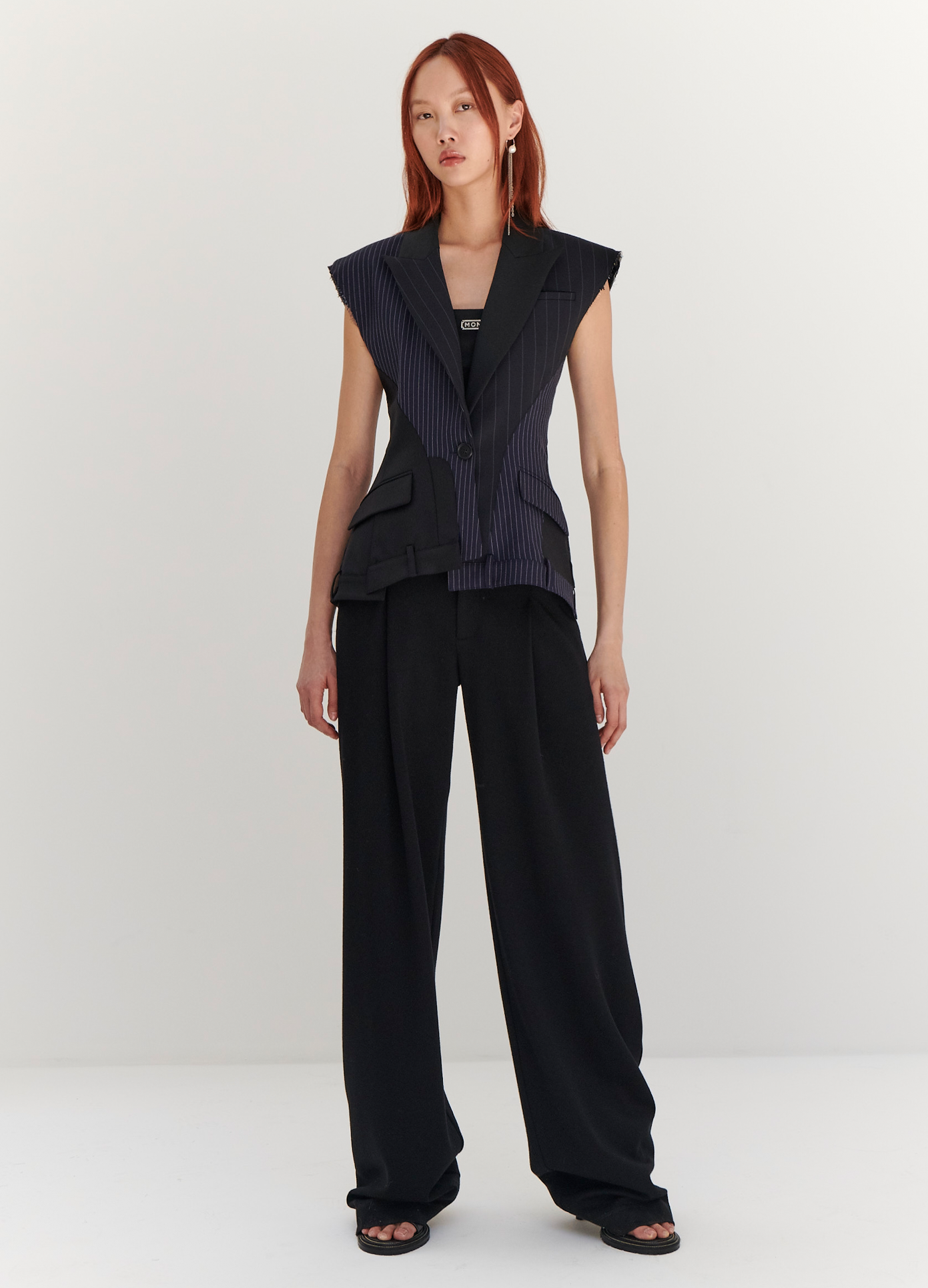 MONSE Deconstructed Sleeveless Jacket in Midnight on model full front view