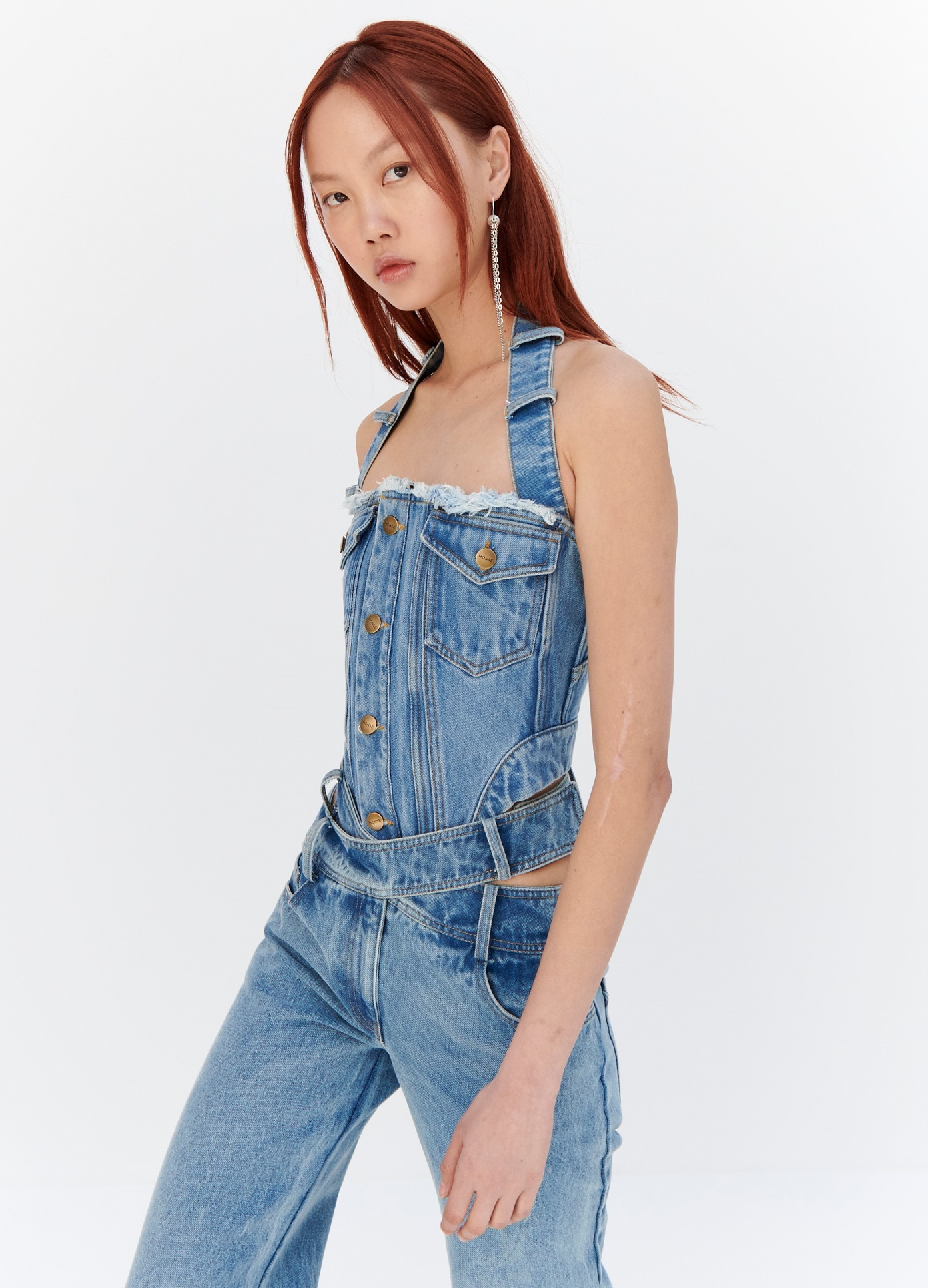 MONSE Denim Halter Bustier in Indigo on model front side view
