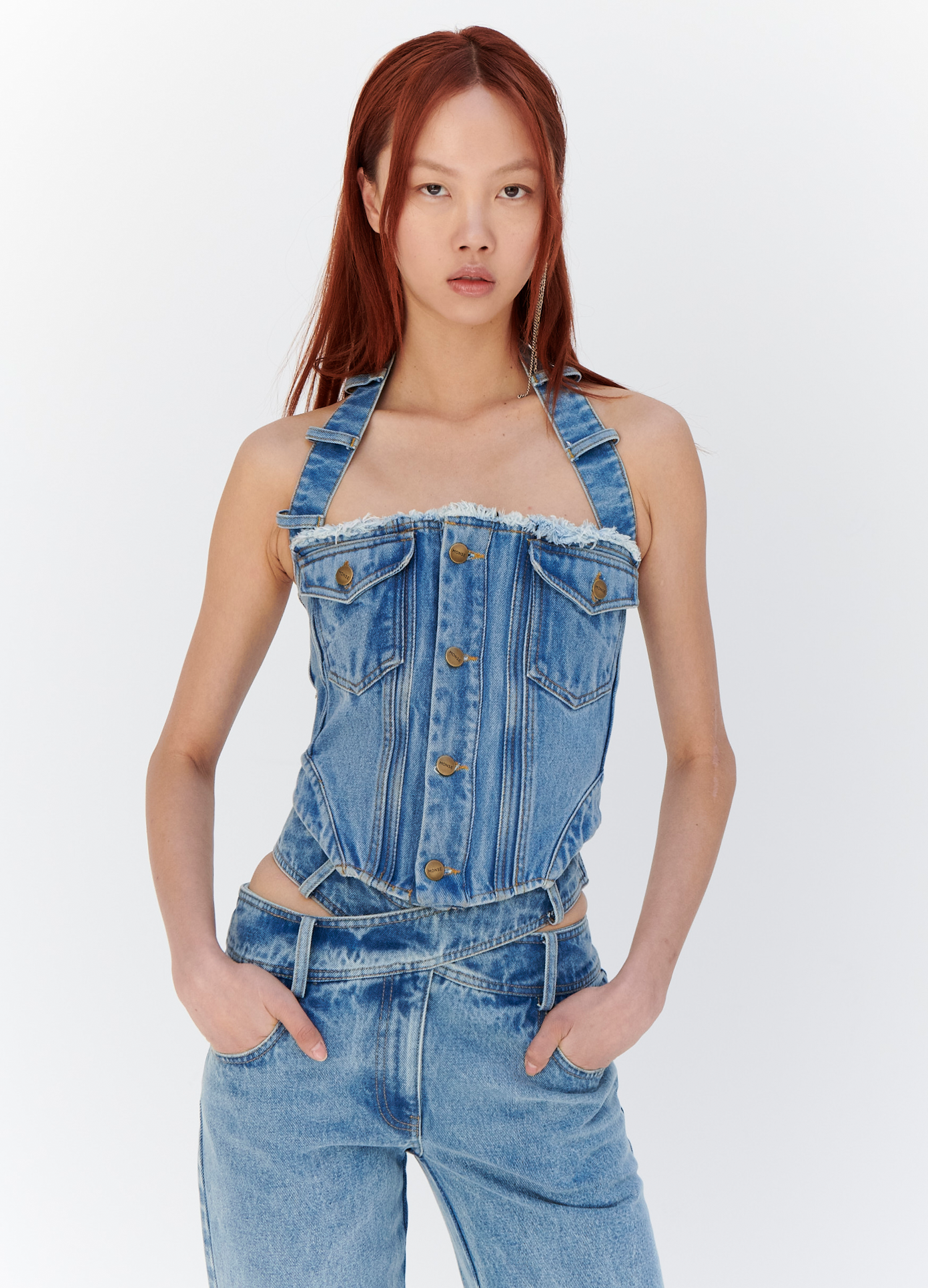 MONSE Denim Halter Bustier in Indigo on model front view