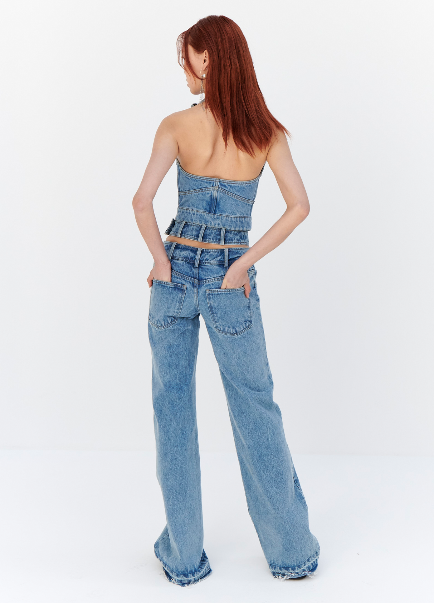MONSE Denim Halter Bustier in Indigo on model full back view
