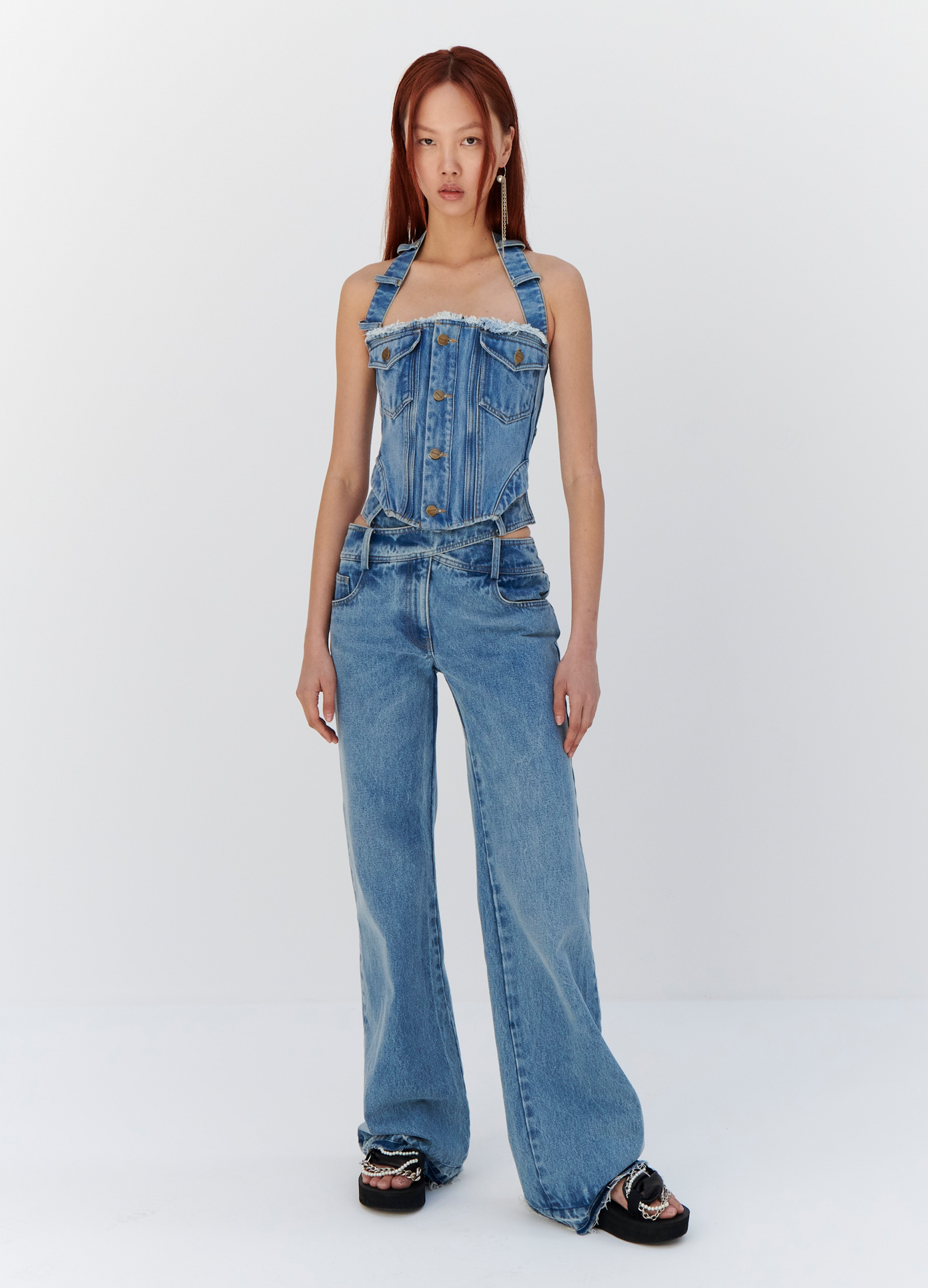 MONSE Denim Halter Bustier in Indigo on model full front view