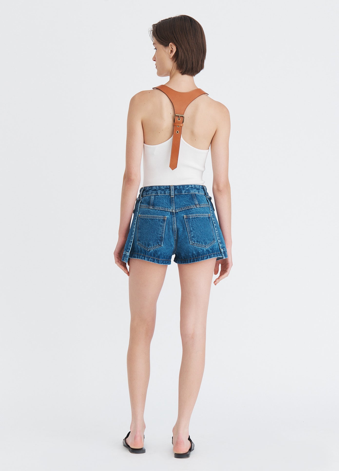 MONSE Denim Jacket Front Shorts in indigo on model full back view