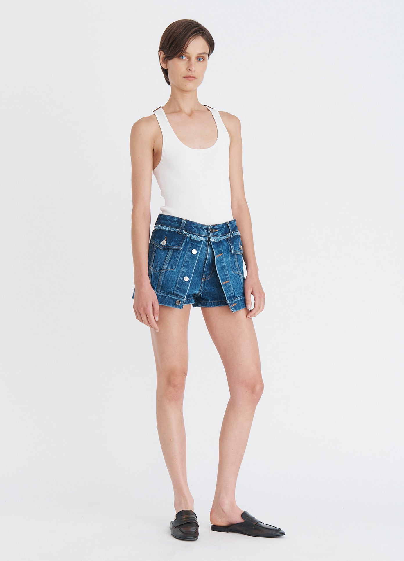 MONSE Denim Jacket Front Shorts in indigo on model full front view
