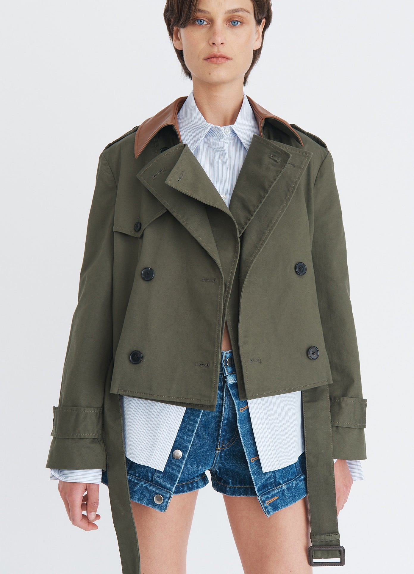 MONSE Double Front Cropped Trench in olive on model front view