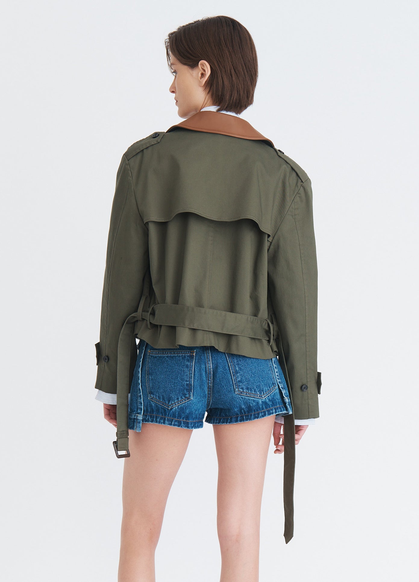 MONSE Double Front Cropped Trench in olive on model back view