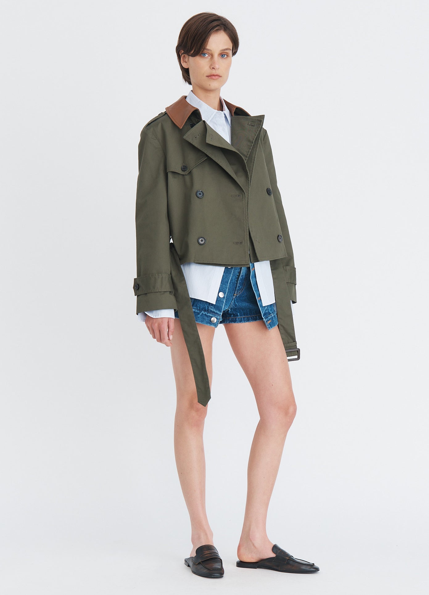 MONSE Double Front Cropped Trench in olive on model full front view