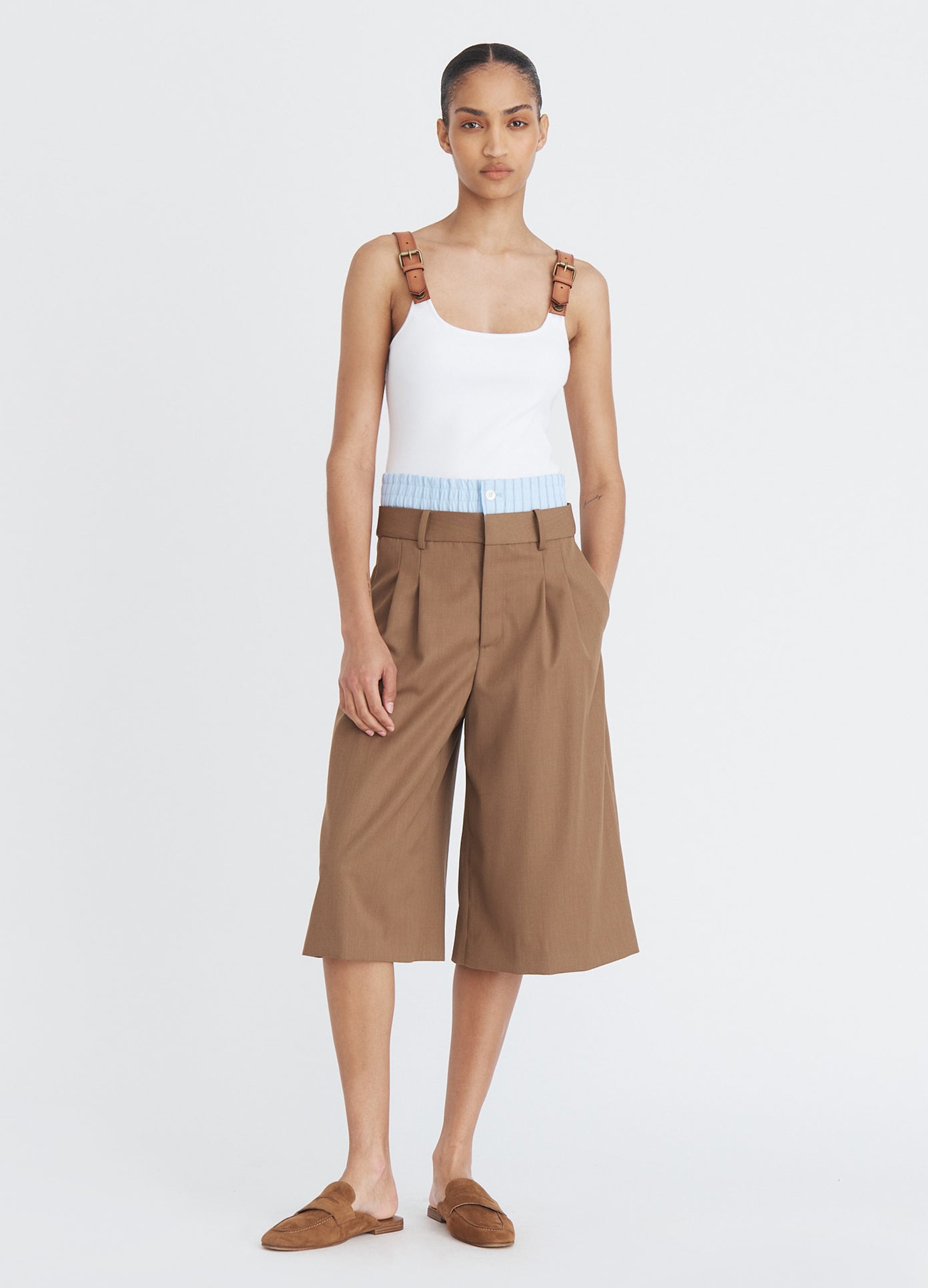 MONSE Double Waistband Wide Leg Shorts in beige on model full front view