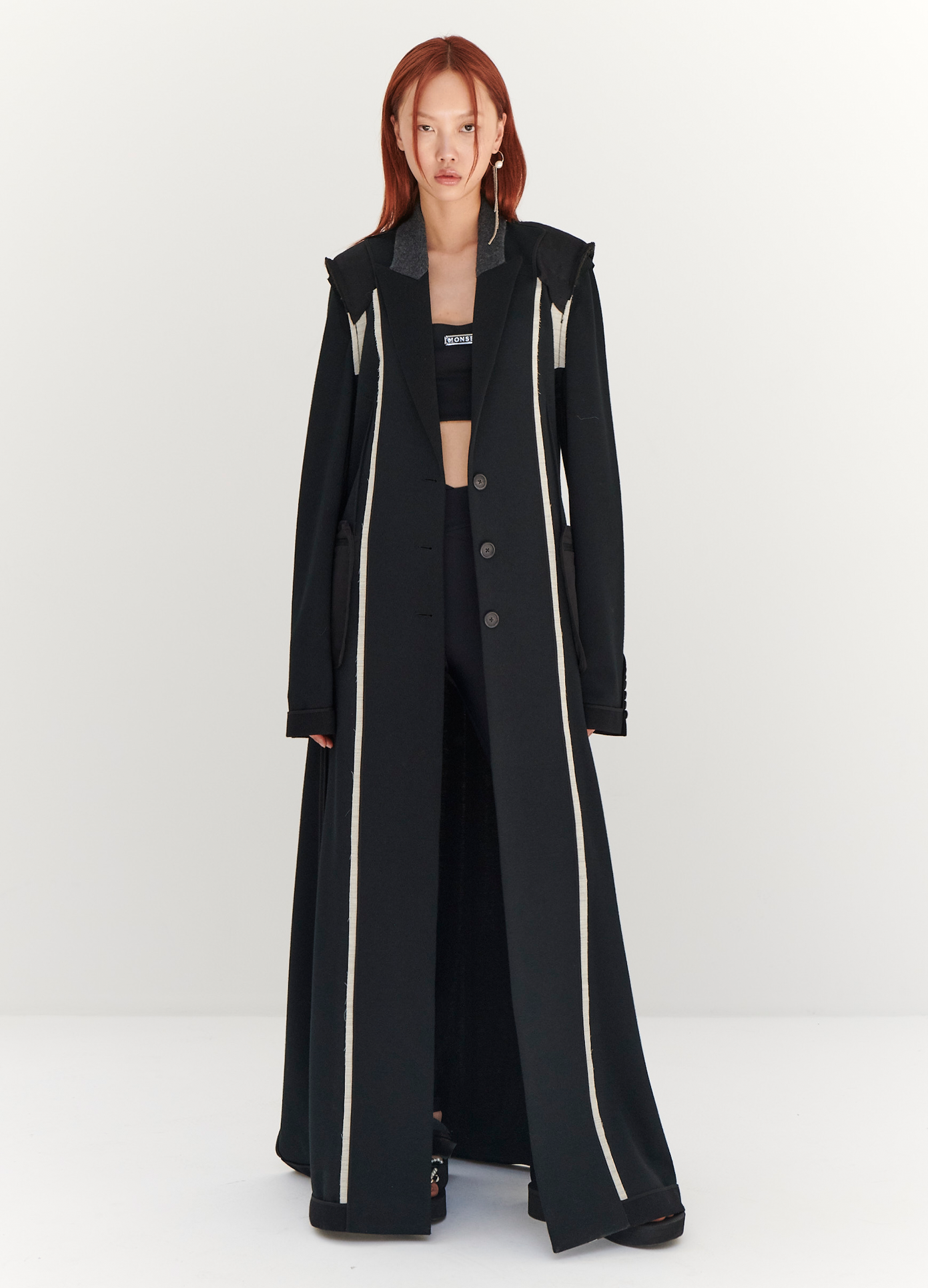 MONSE Floor Length Reversed Coat in Black on model full front view