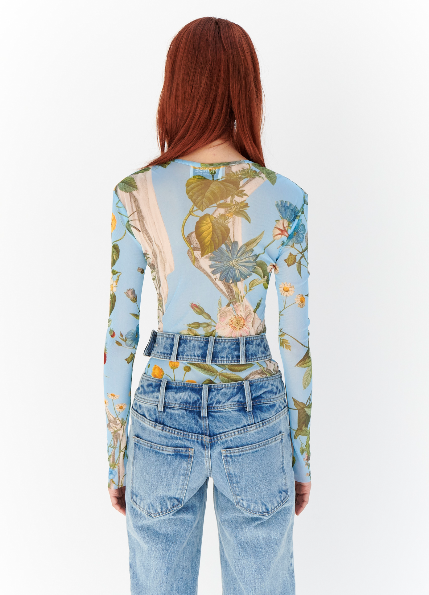 MONSE Floral Skeleton Print Mesh Top in Blue Multi on model back view
