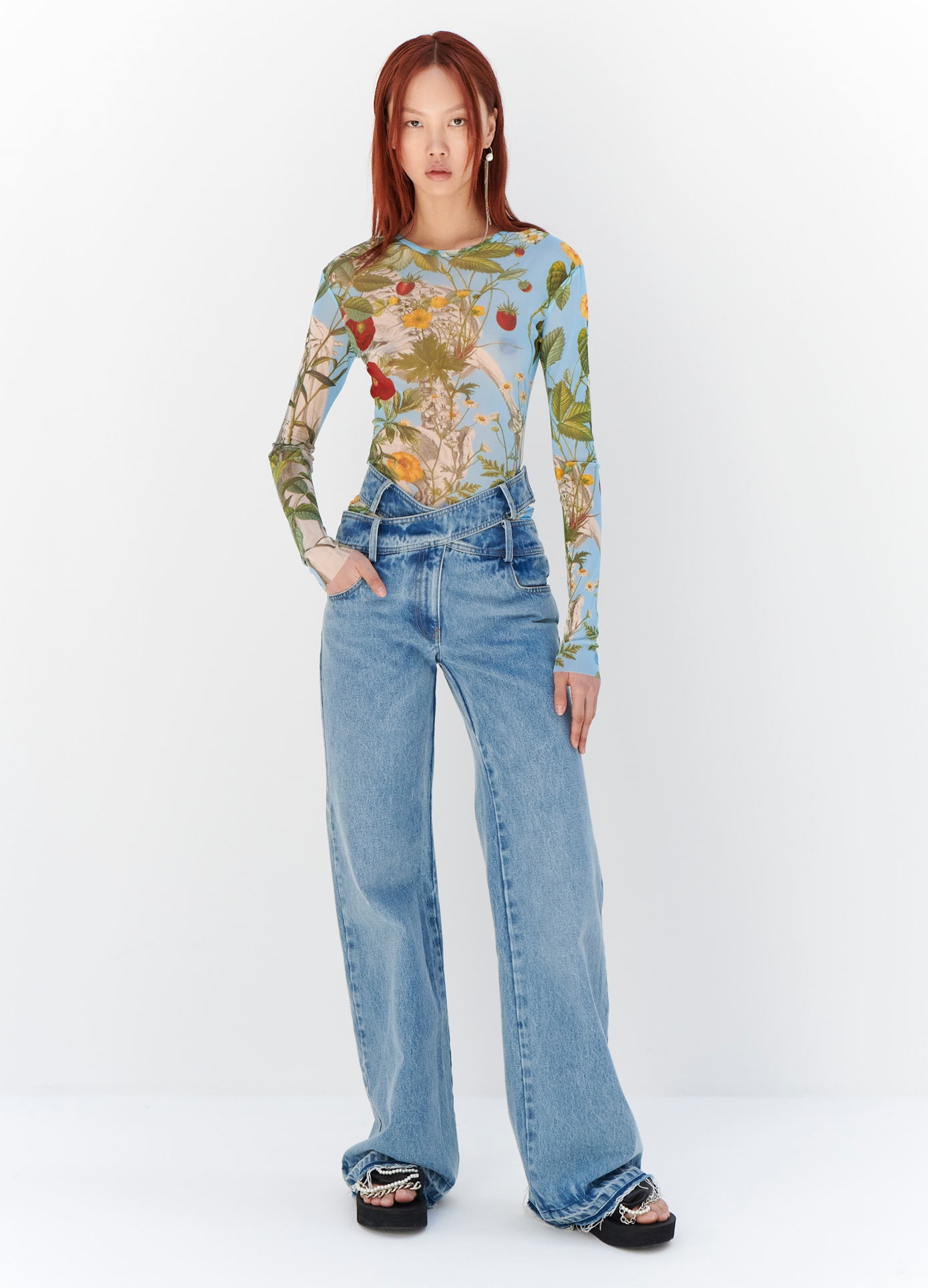 MONSE Floral Skeleton Print Mesh Top in Blue Multi on model full front view