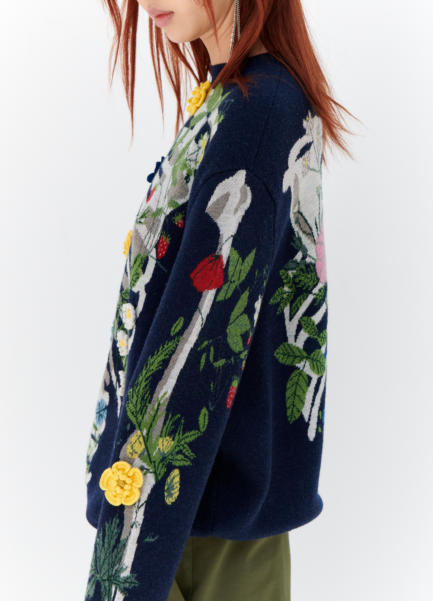 MONSE Floral Skeleton Sweater in Navy on model side view