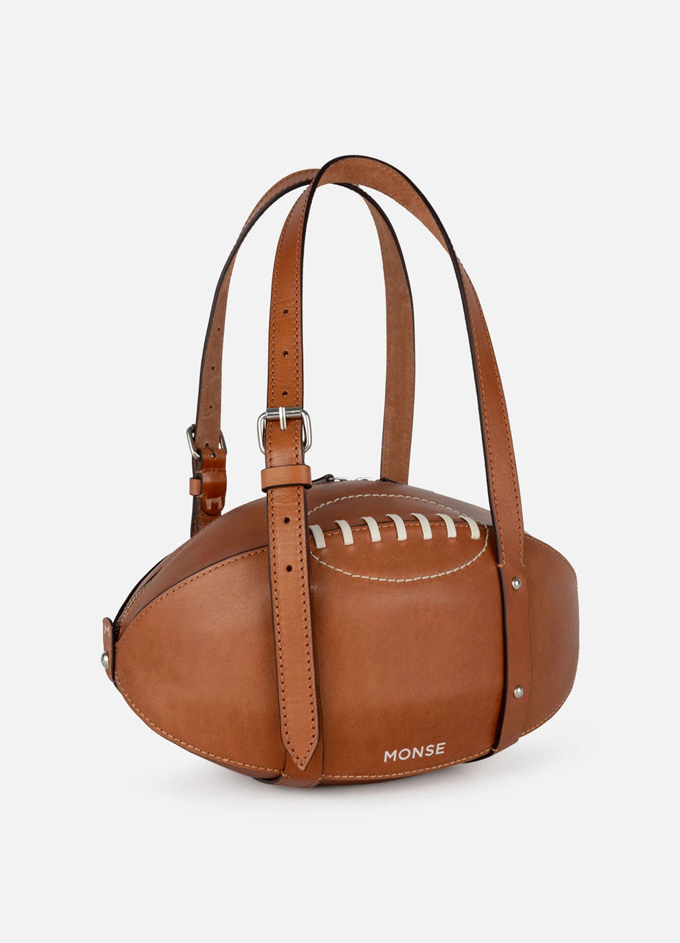 MONSE Football Shoulder Bag in brown cowhide leather flat front