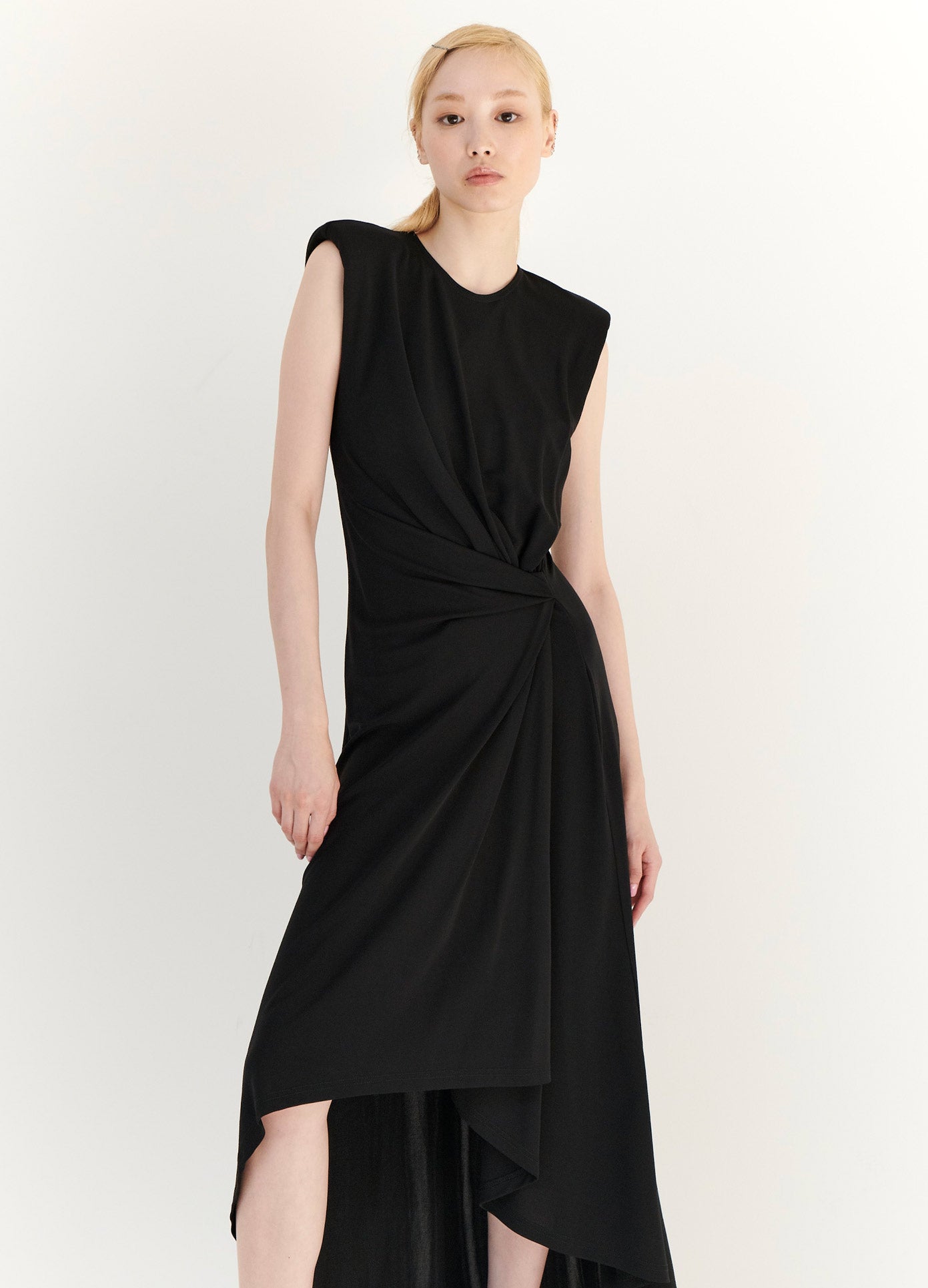 MONSE Gathered Power Shoulder Dress in Black on Model Front View