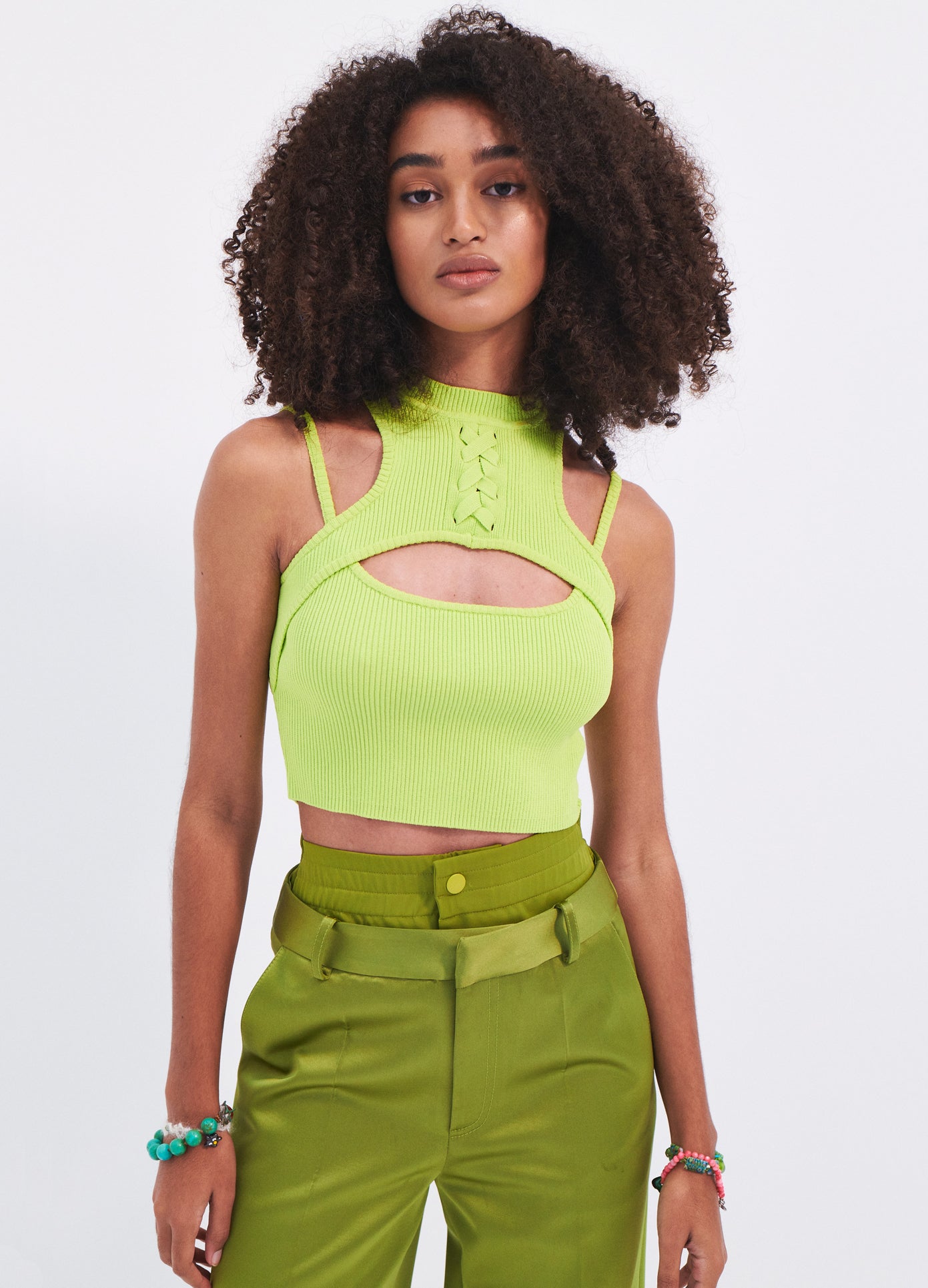 MONSE Halter Neck Knit Cropped Top in Neon Green on model front view