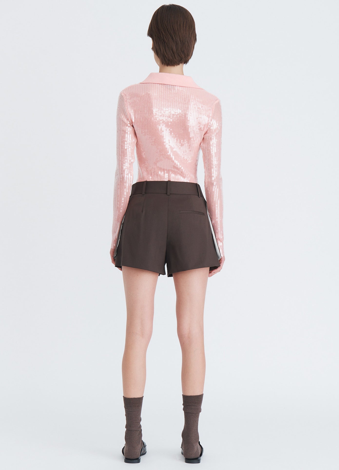 MONSE Knit Collar Sequin Polo in powder pink on model full back view