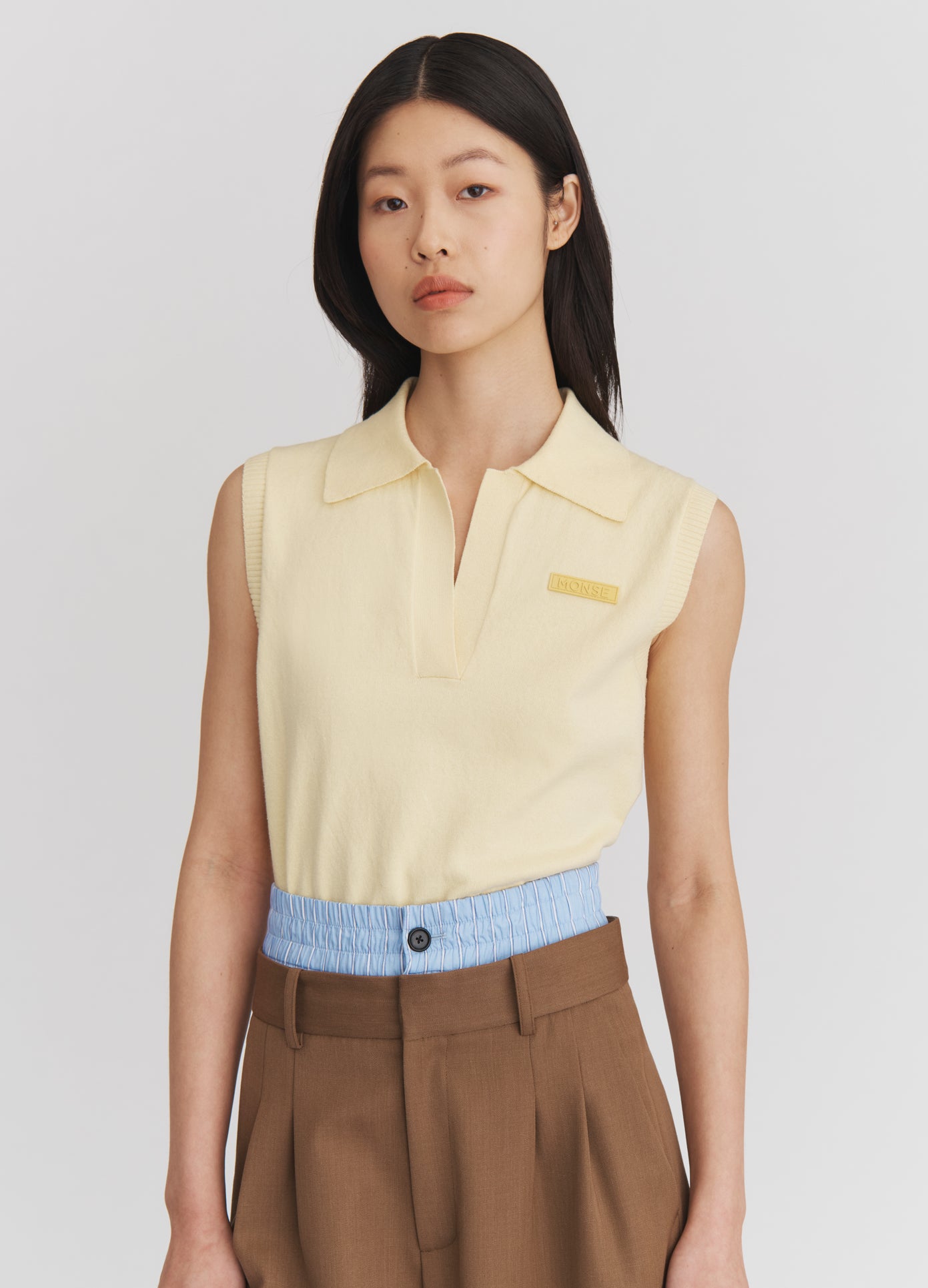 MONSE Knitted Polo Tank in Pale Yellow on model front view