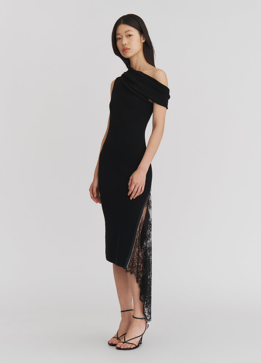 Lace Inserted Knitted Maxi Dress in Black