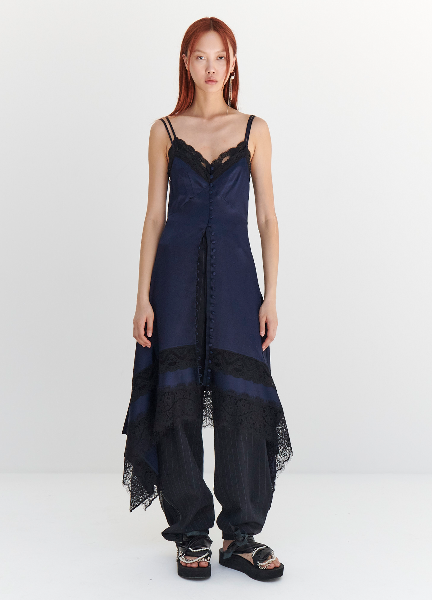 MONSE Lace Trim Slip Dress in Midnight on model full front view