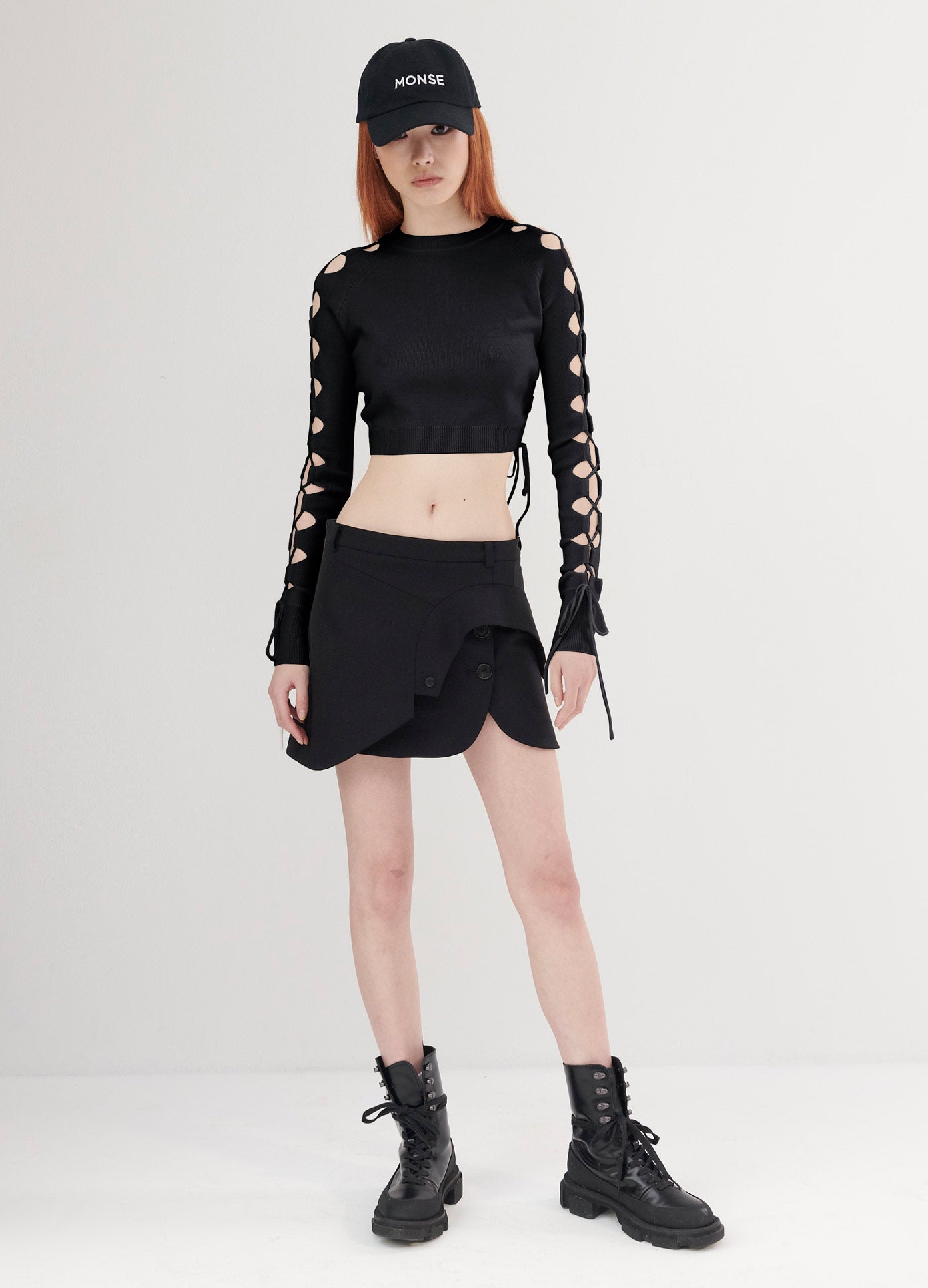 MONSE Lacing Sleeve Detail Cropped Sweater in black on model front view
