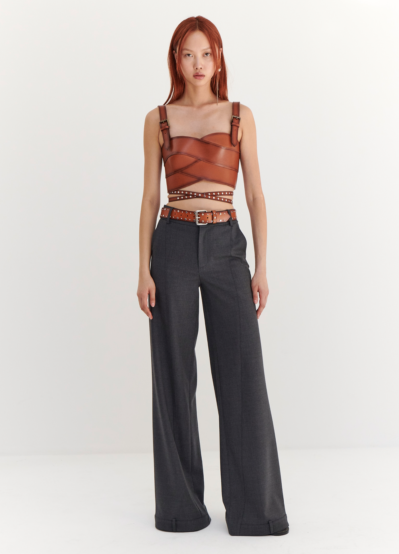 MONSE Leather Bustier in Brown on model full front view