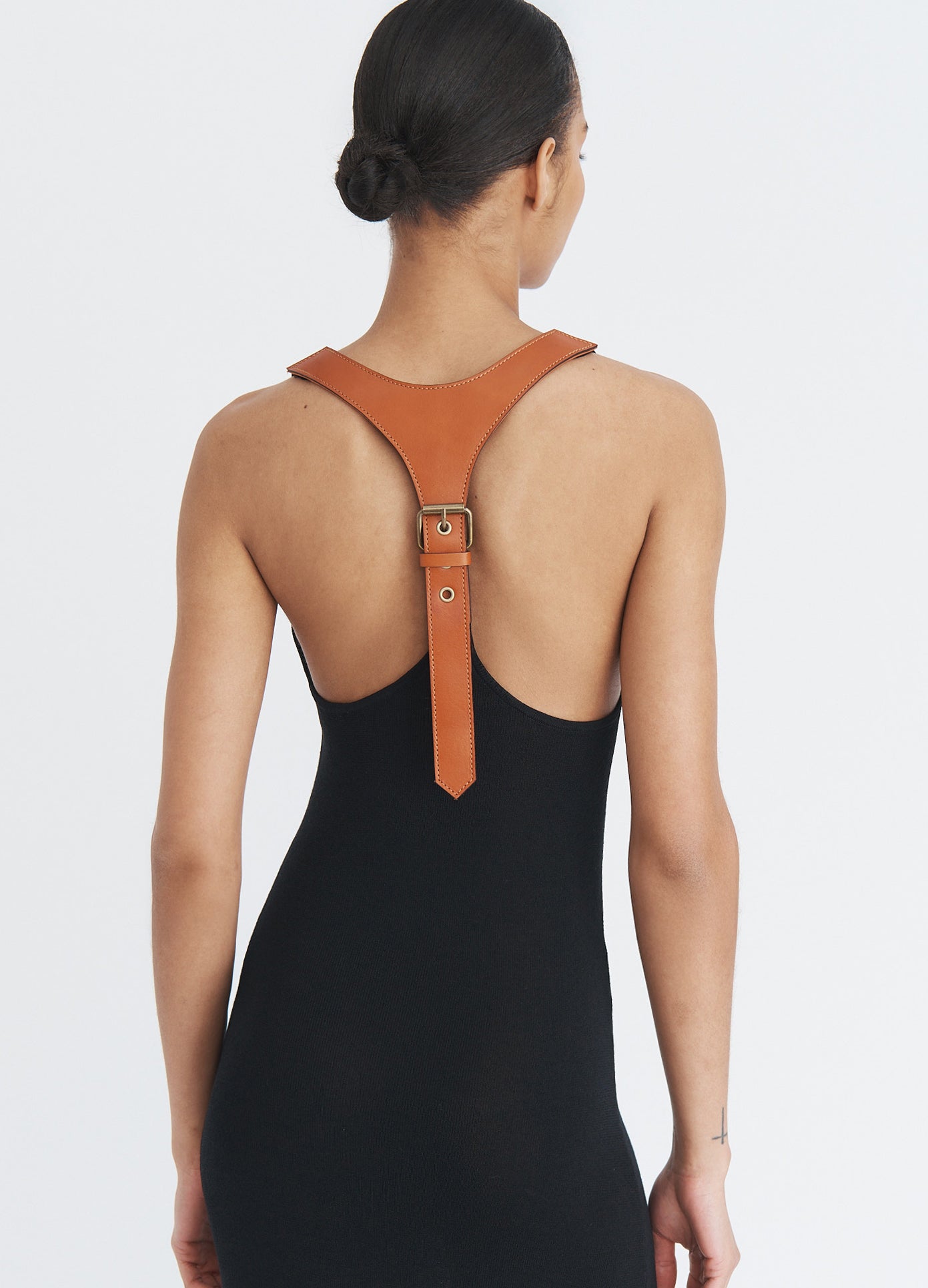 MONSE Leather Racerback Midi Dress in black on model back view