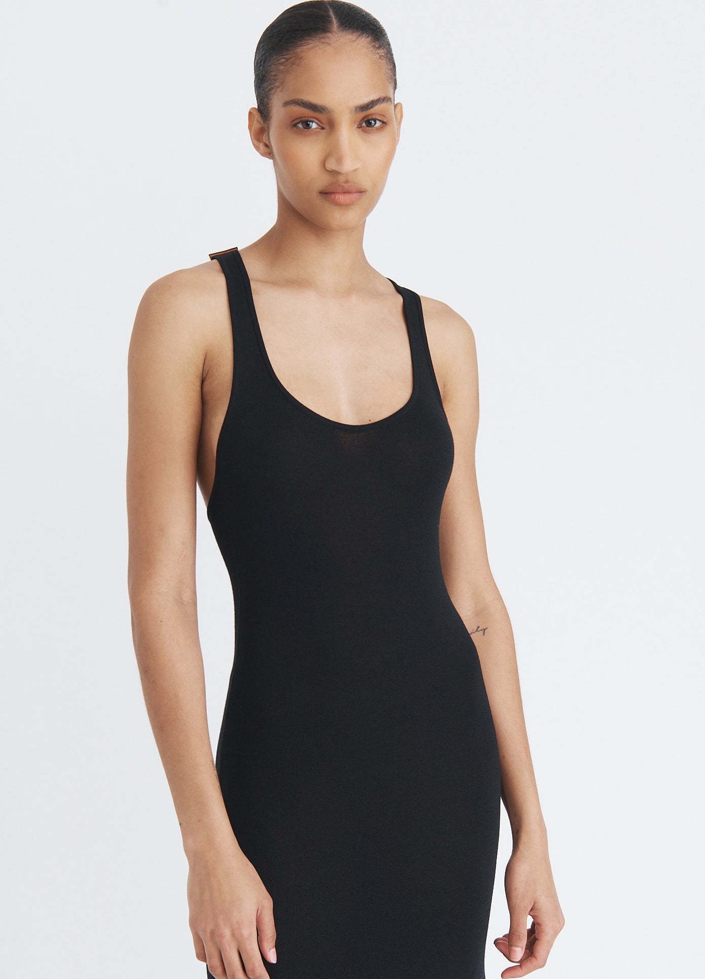 MONSE Leather Racerback Midi Dress in black on model front view