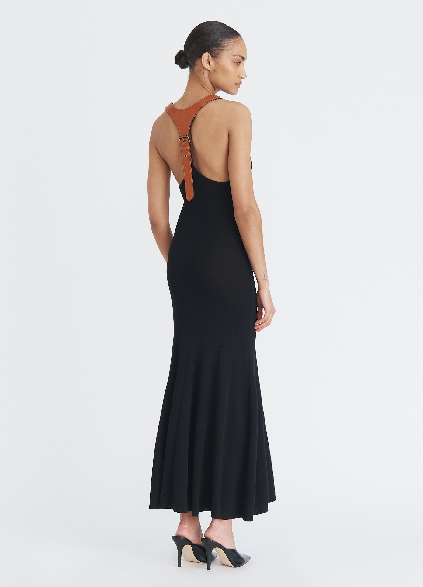 MONSE Leather Racerback Midi Dress in black on model full back view