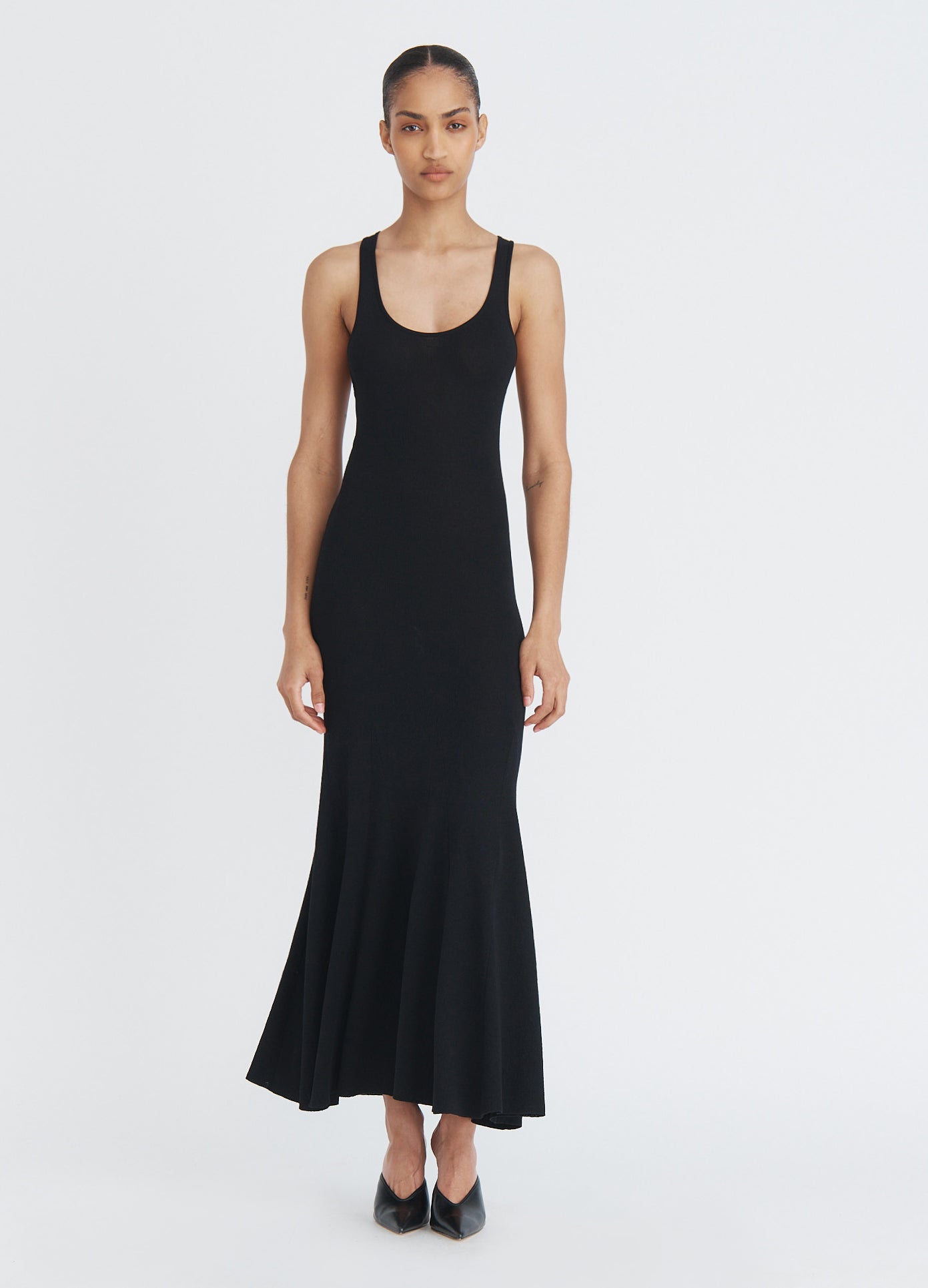 MONSE Leather Racerback Midi Dress in black on model full front view