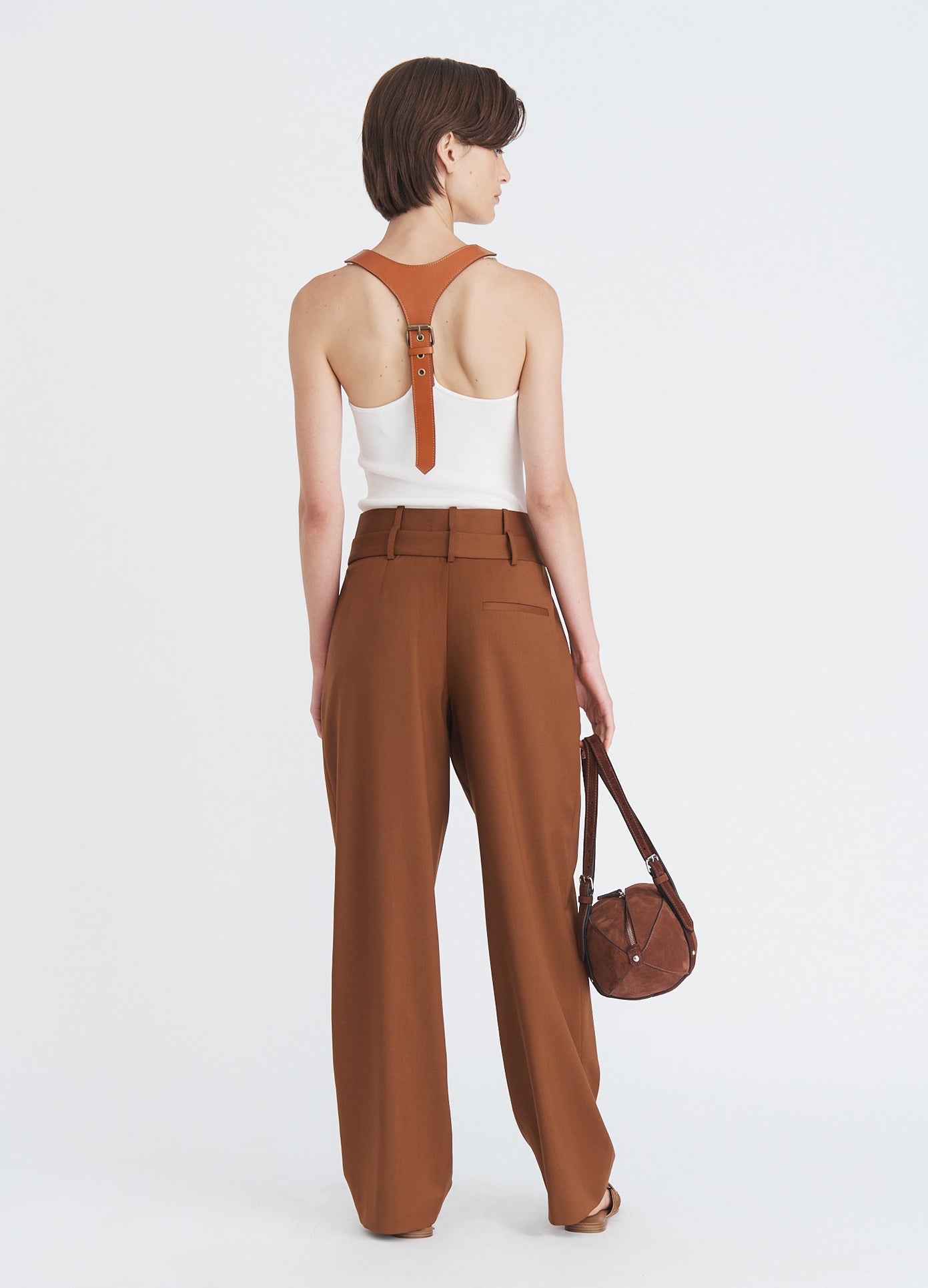 MONSE Leather Racerback Tank Top in ivory on model full back view
