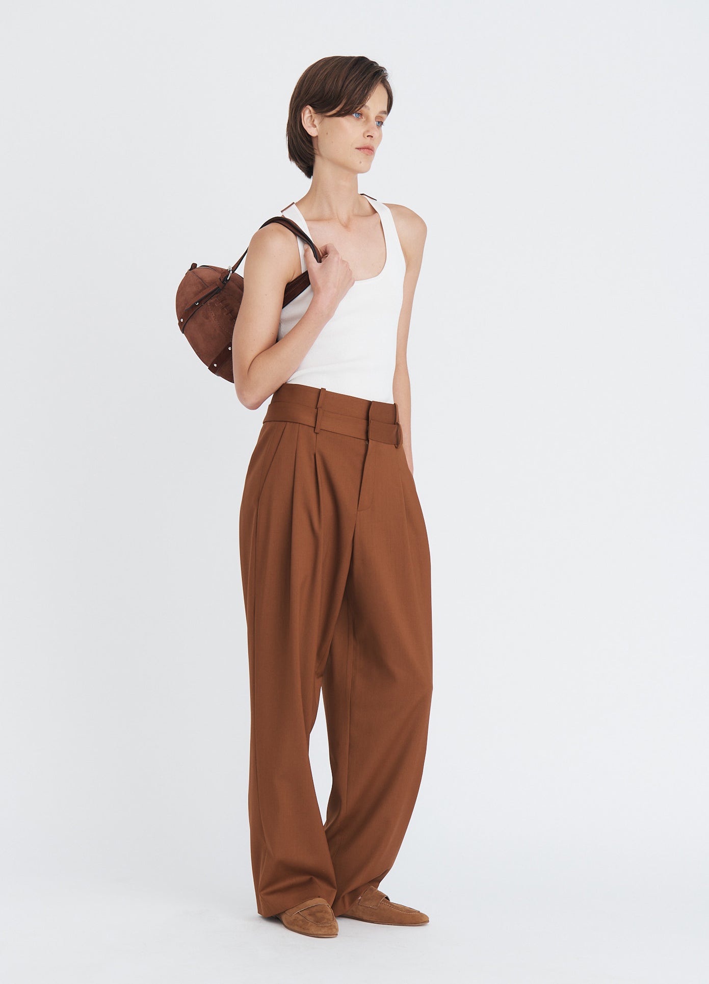 MONSE Leather Racerback Tank Top in ivory on model full front view
