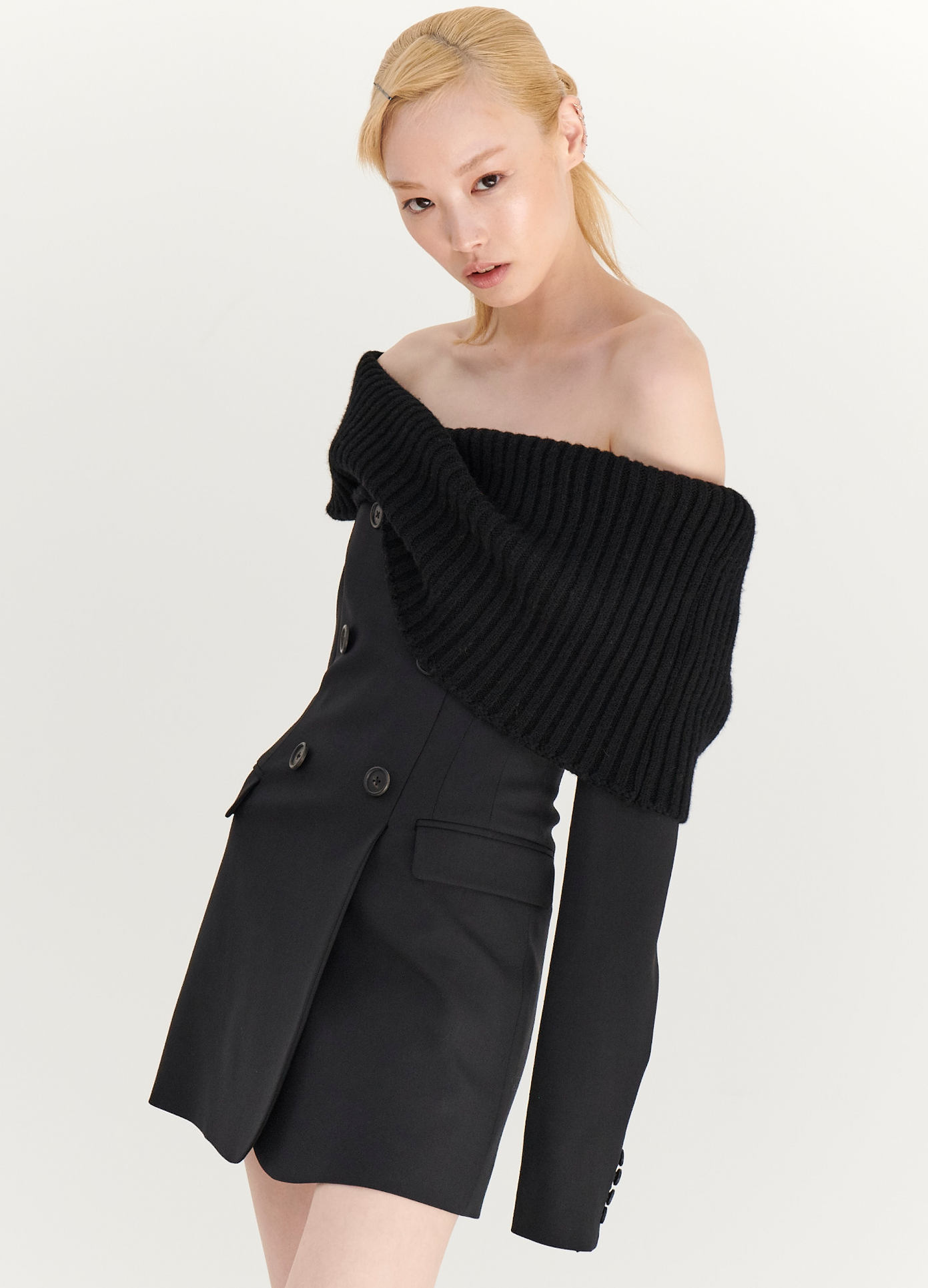 MONSE Off the Shoulder Knit Collar Dress in Black on model front side view