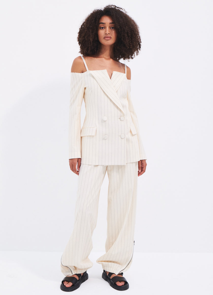 Off The Shoulder Pinstripe Blazer in Ivory