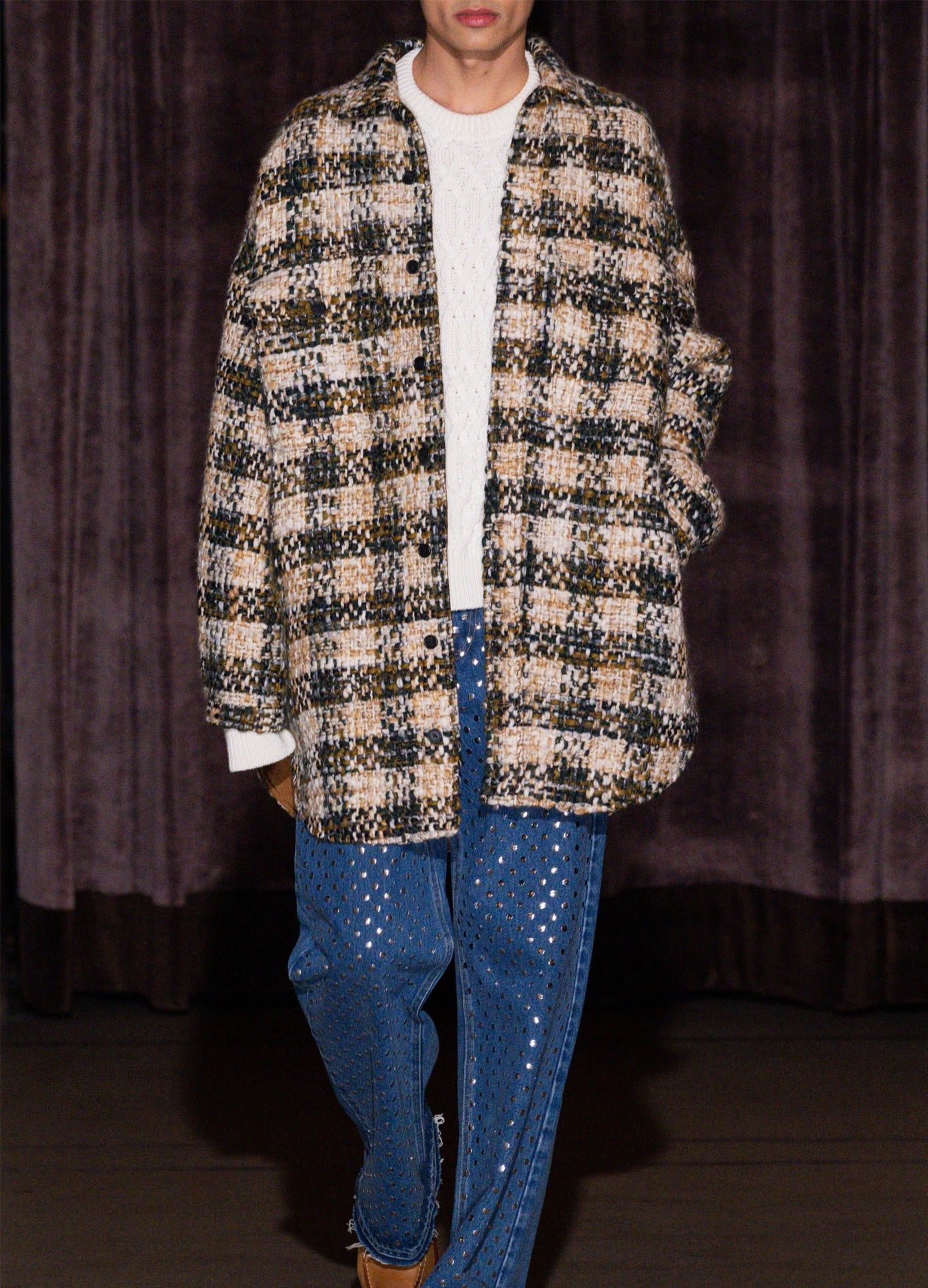 MONSE Oversized Shirt Coat in brown multi on model walking runway