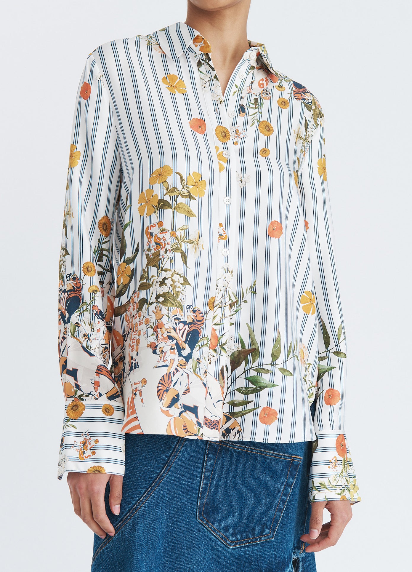 MONSE Printed Button Down Shirt in white multi on model front detail view