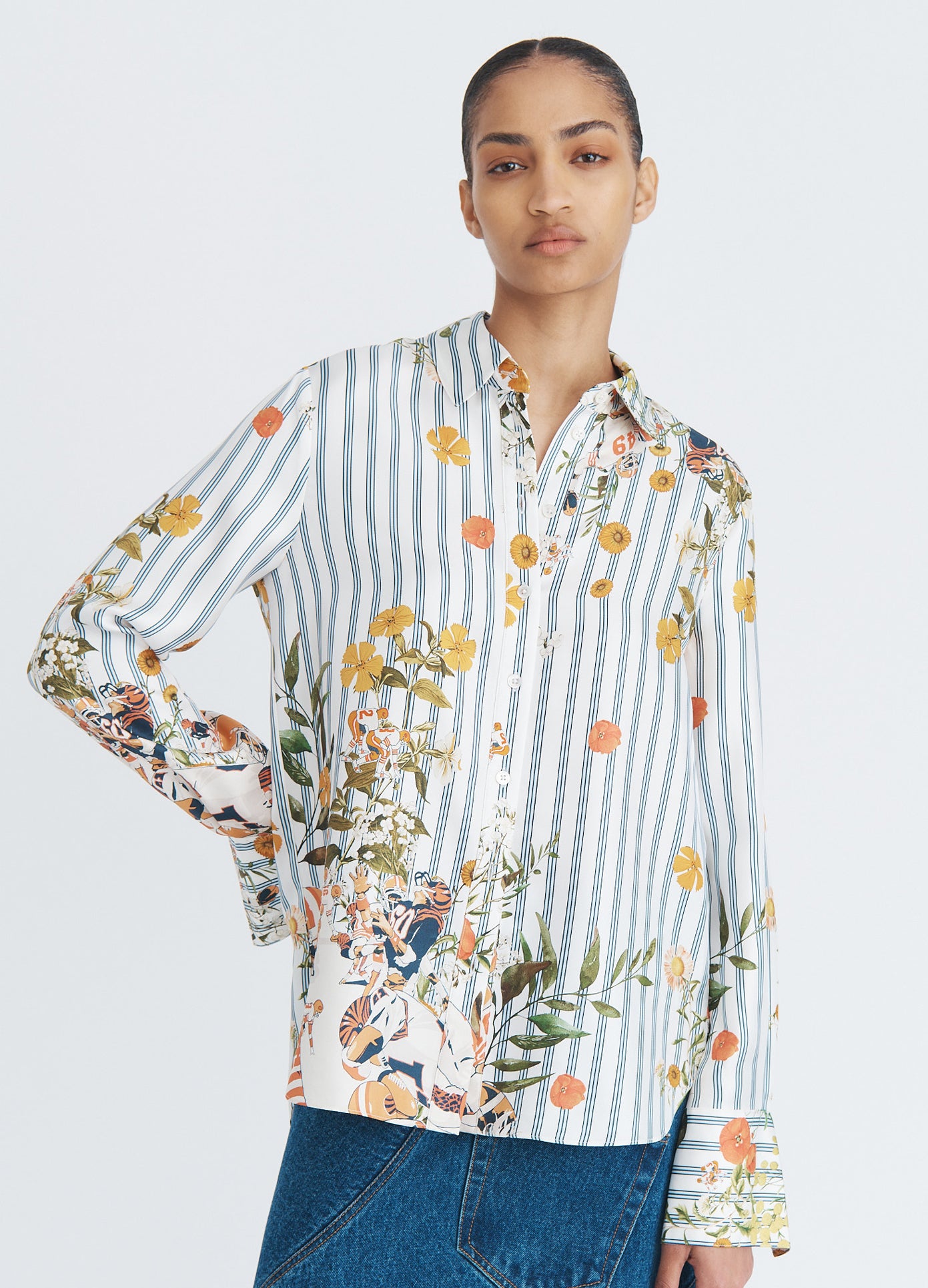 MONSE Printed Button Down Shirt in white multi on model front view
