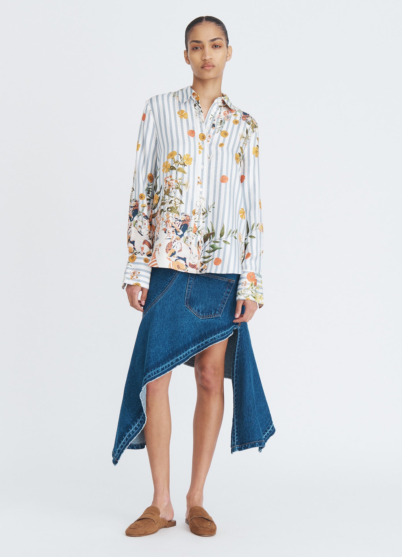 MONSE Printed Button Down Shirt in white multi on model full front view