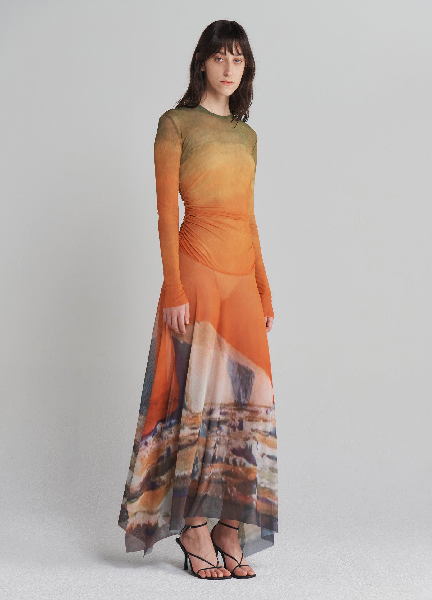 MONSE Printed Mesh Handkerchief Hem Midi Dress in Multi on model full side view